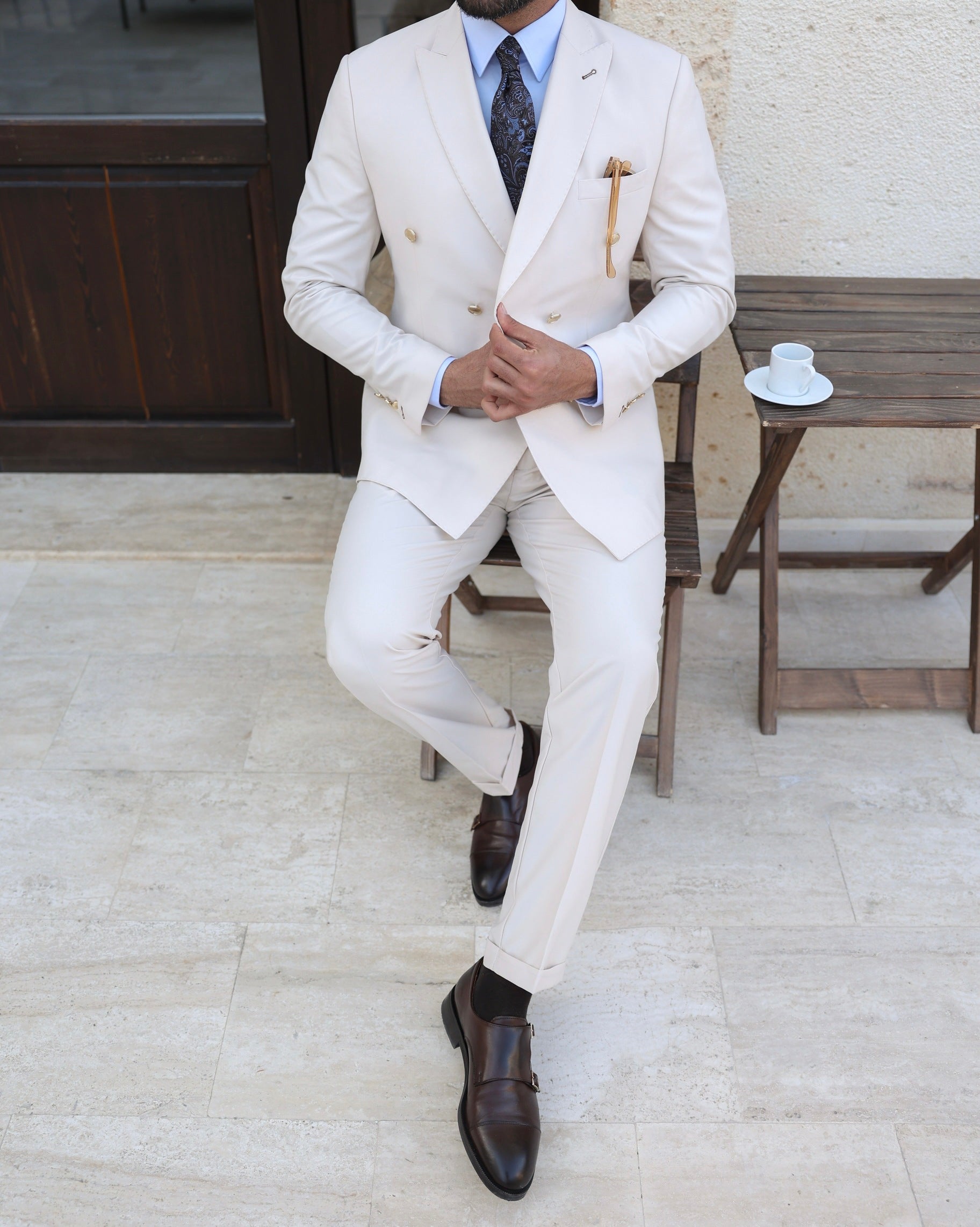Beige Double Breasted Suit 2-Piece
