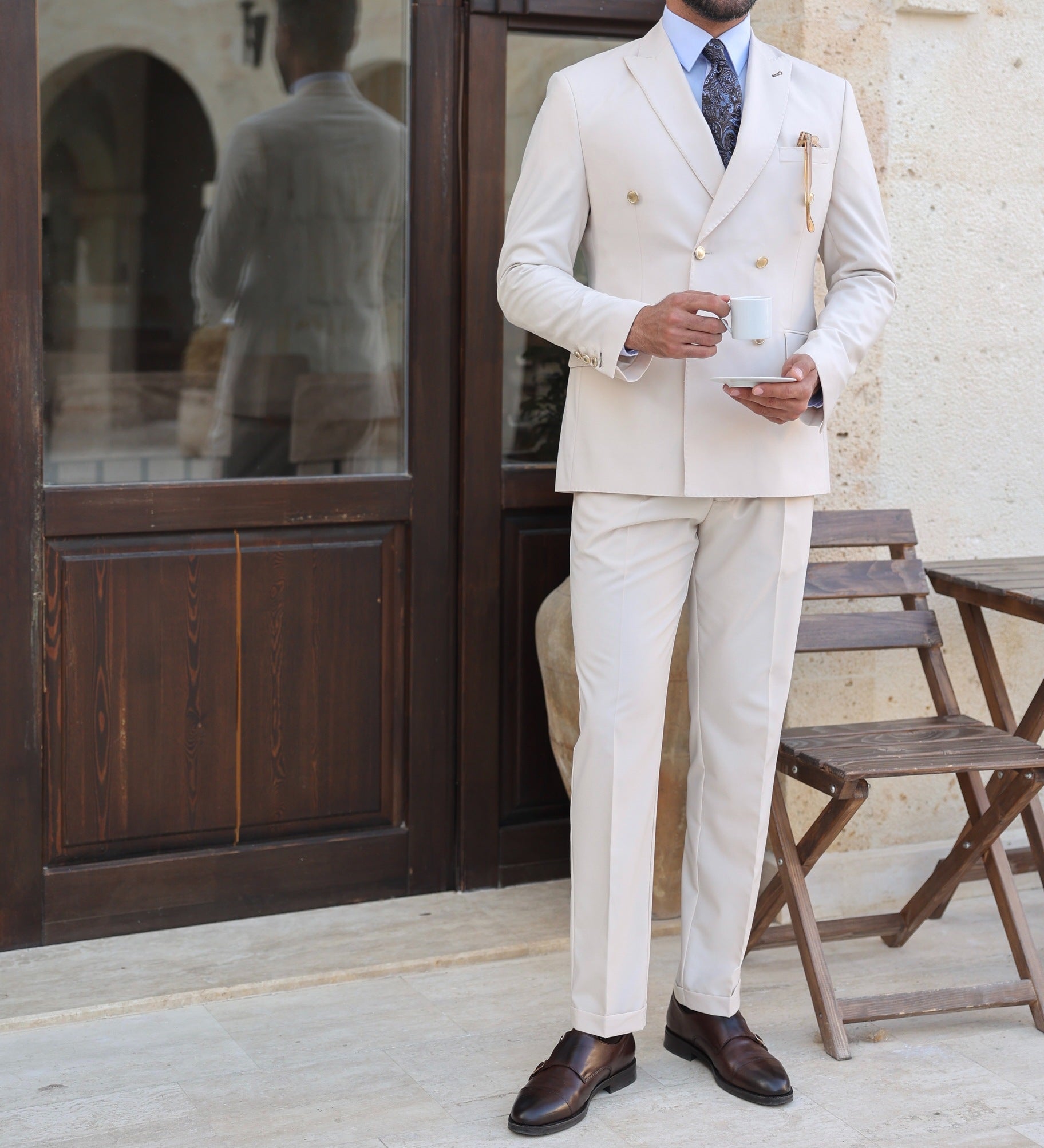 Beige Double Breasted Suit 2-Piece