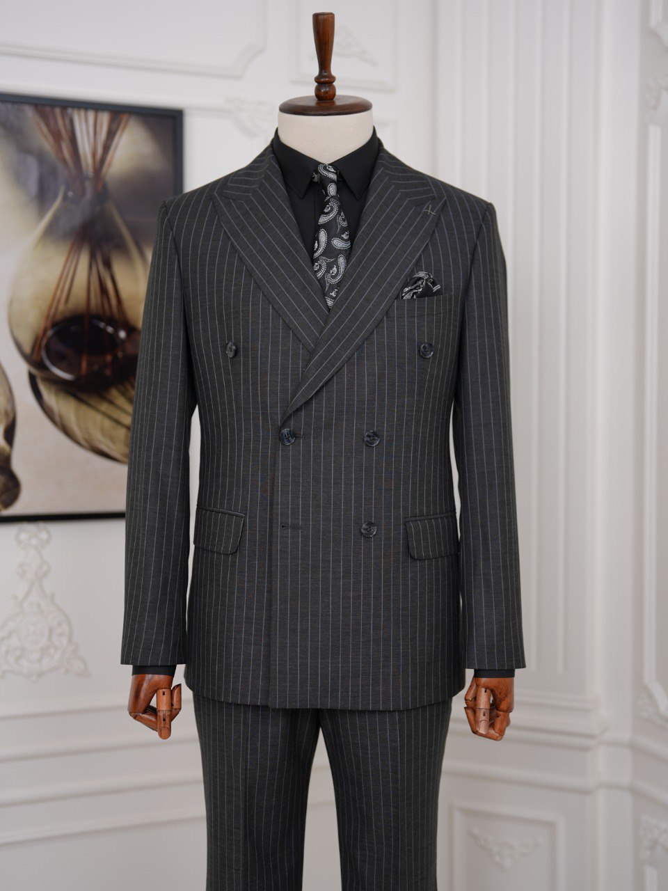 Black Striped Double Breasted Suit 2-Piece