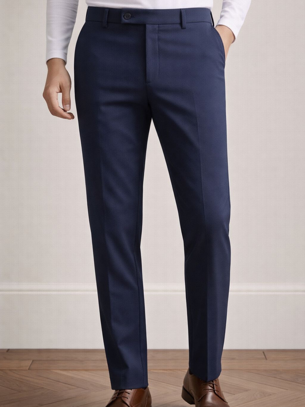 Navy Mid Waist Slim-Fit Pants