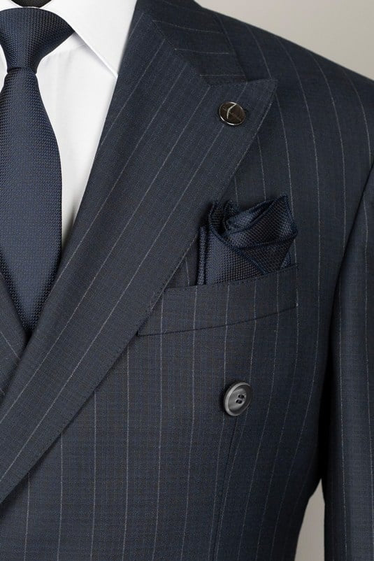 VIOSSI Navy Striped Double Breasted Suit 2-Piece front view - tuxedo double breasted italian suit styles menswear