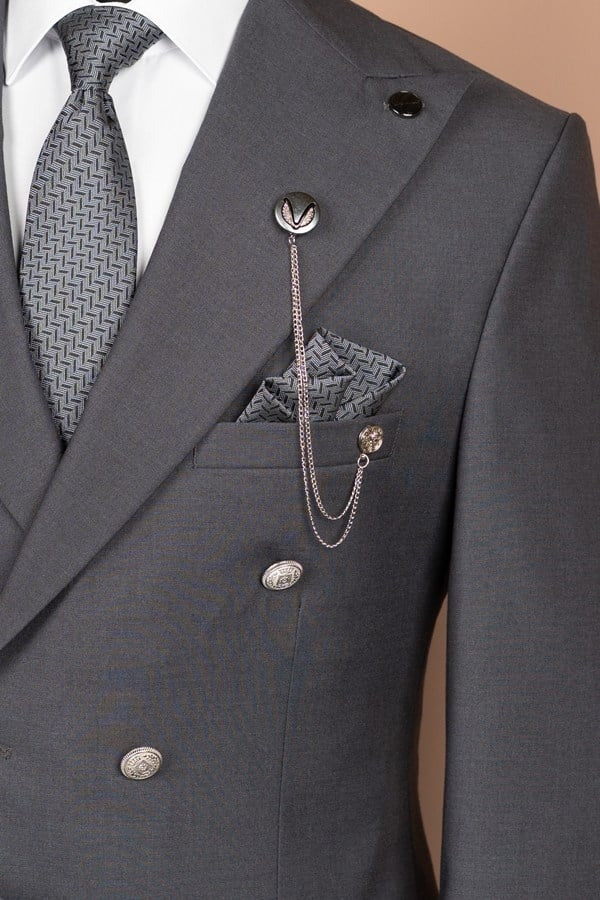 VIOSSI grey tuxedo double breasted 2-piece suit front view showcasing italian suit styles with peaked lapels