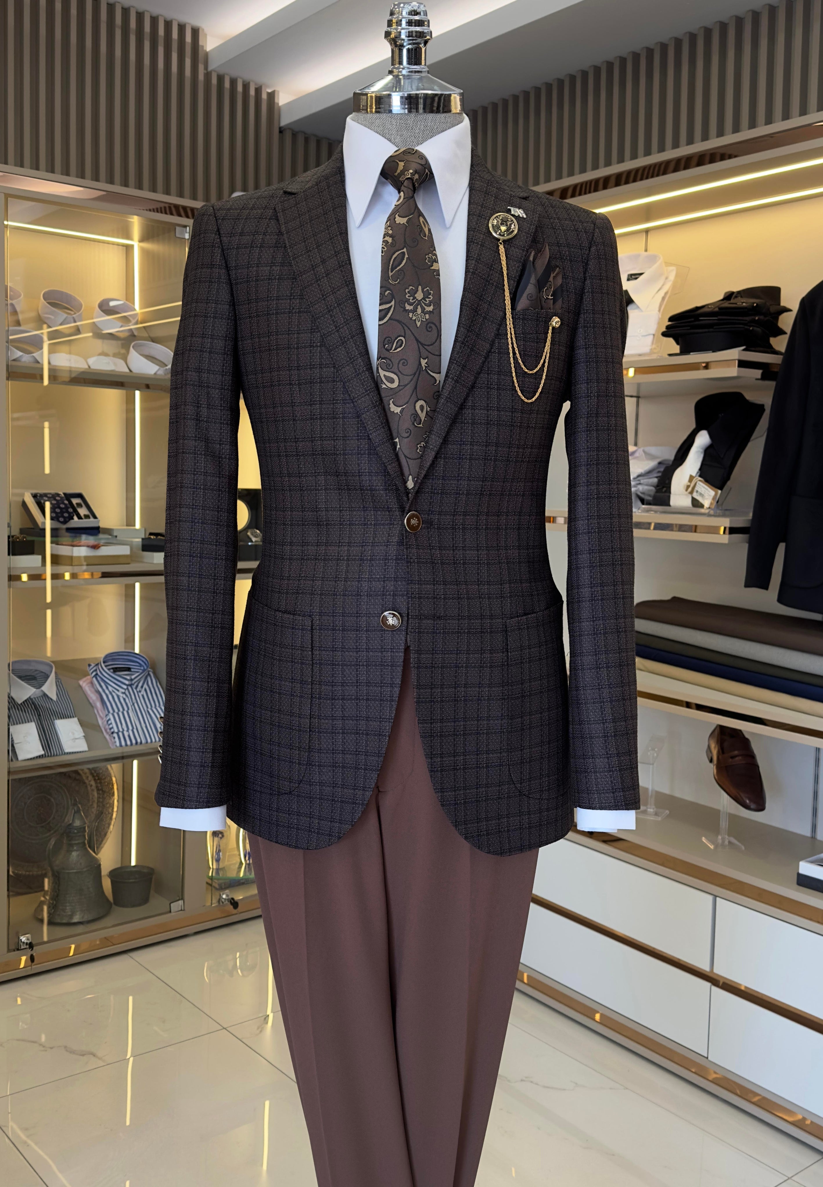 Brown Plaid Single Breasted Blazer