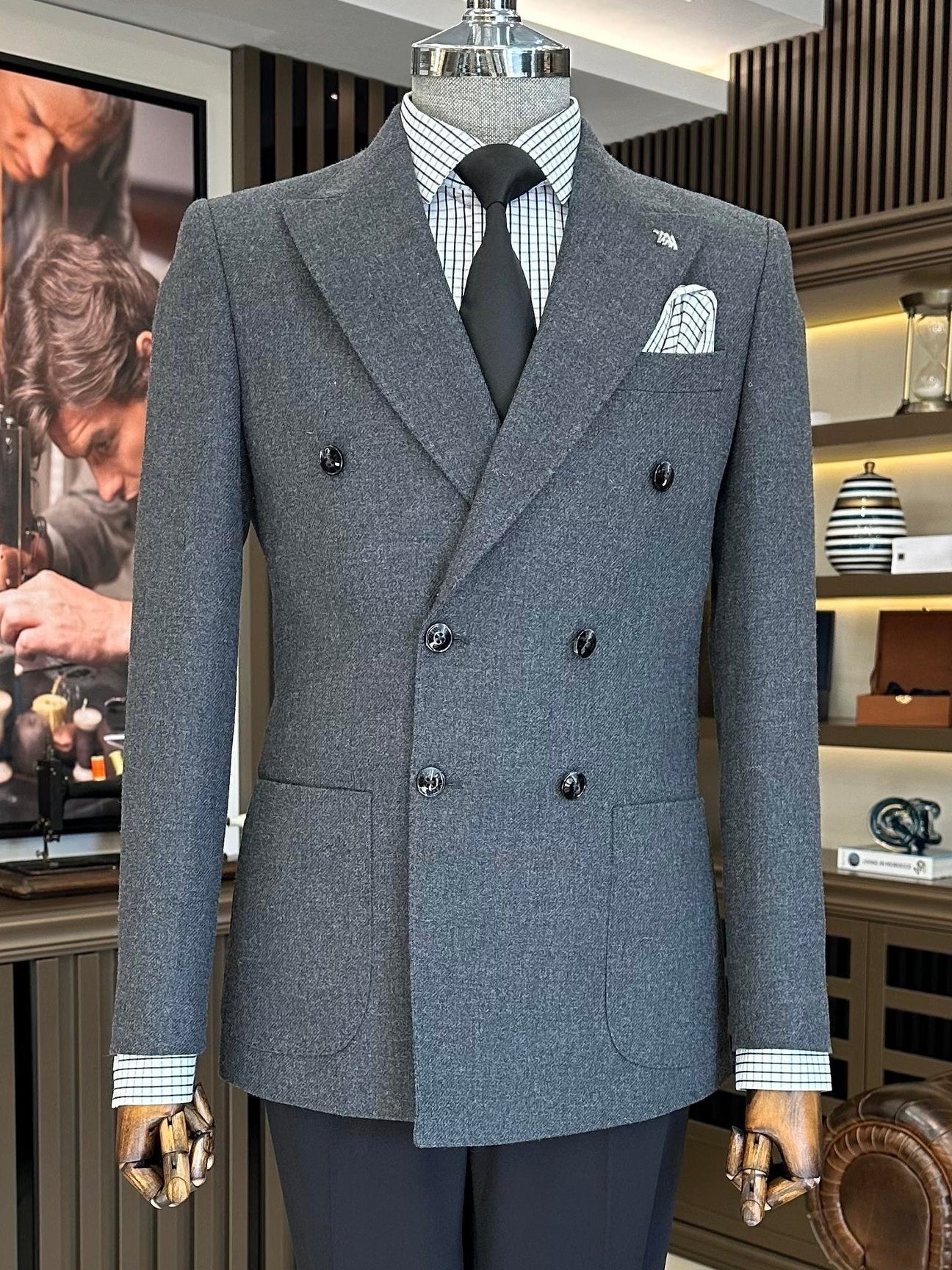 Double-Breasted Tailored Blazer with Pocket Detail - Gray