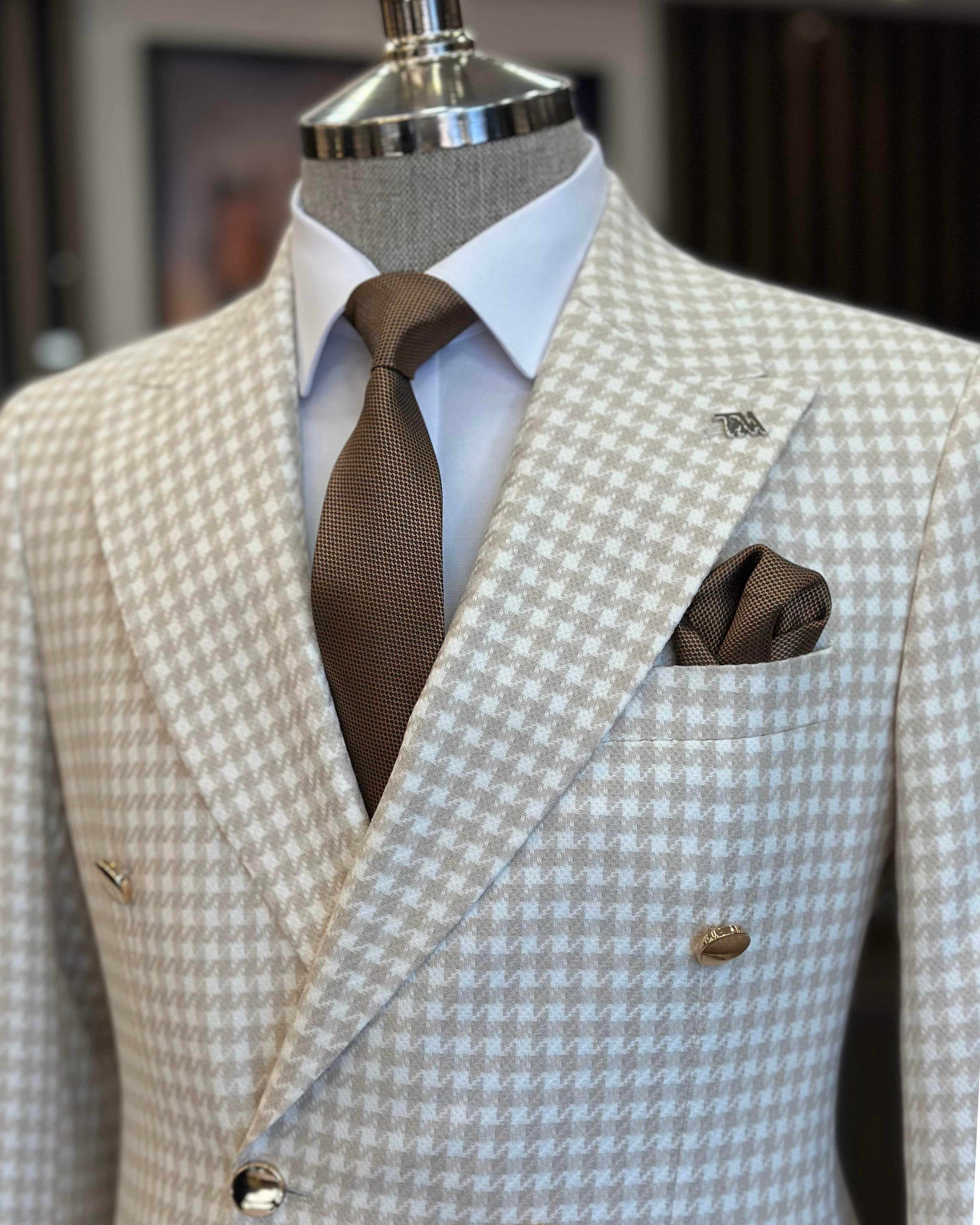 Beige Plaid Double Breasted Blazer