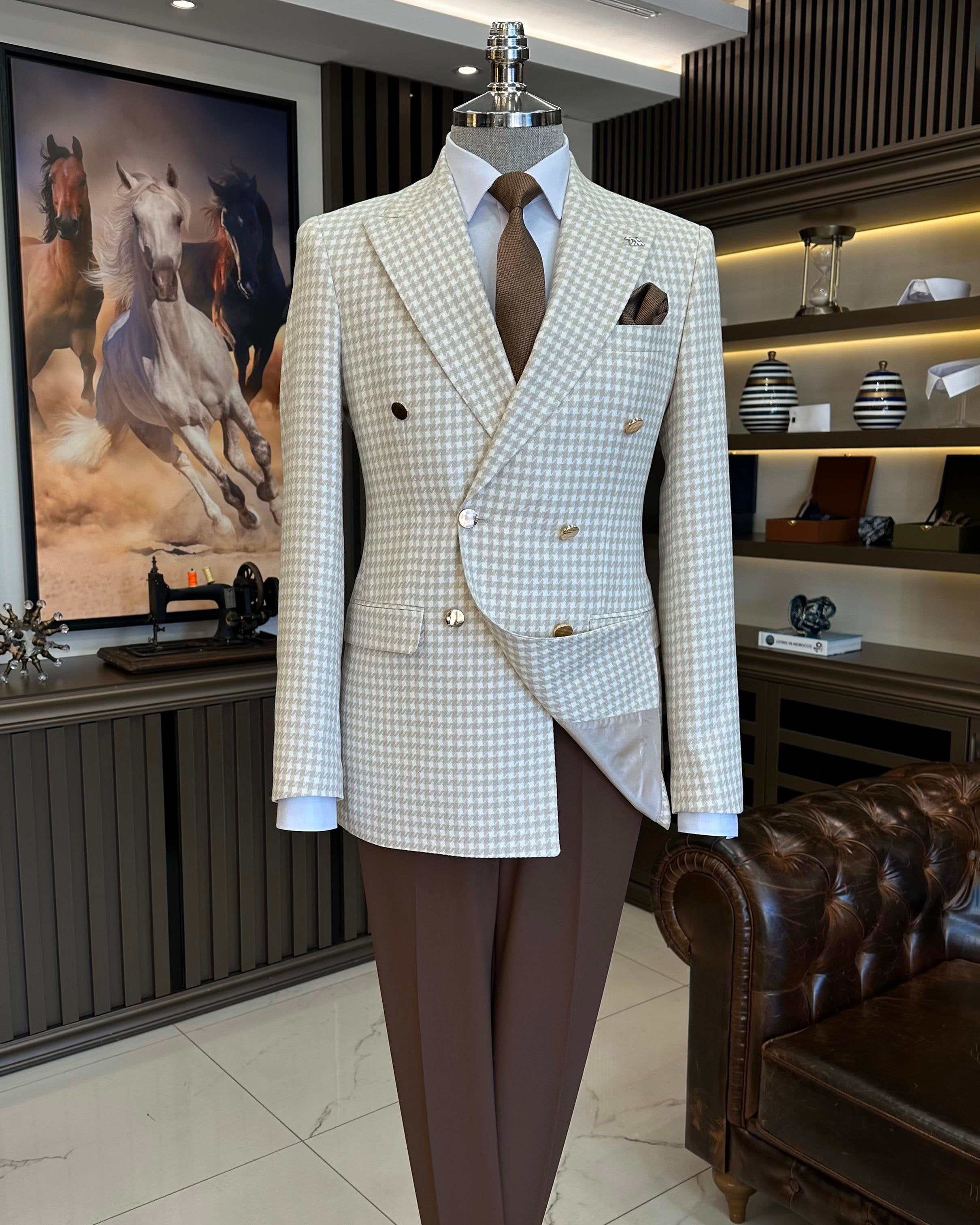 Beige Plaid Double Breasted Blazer