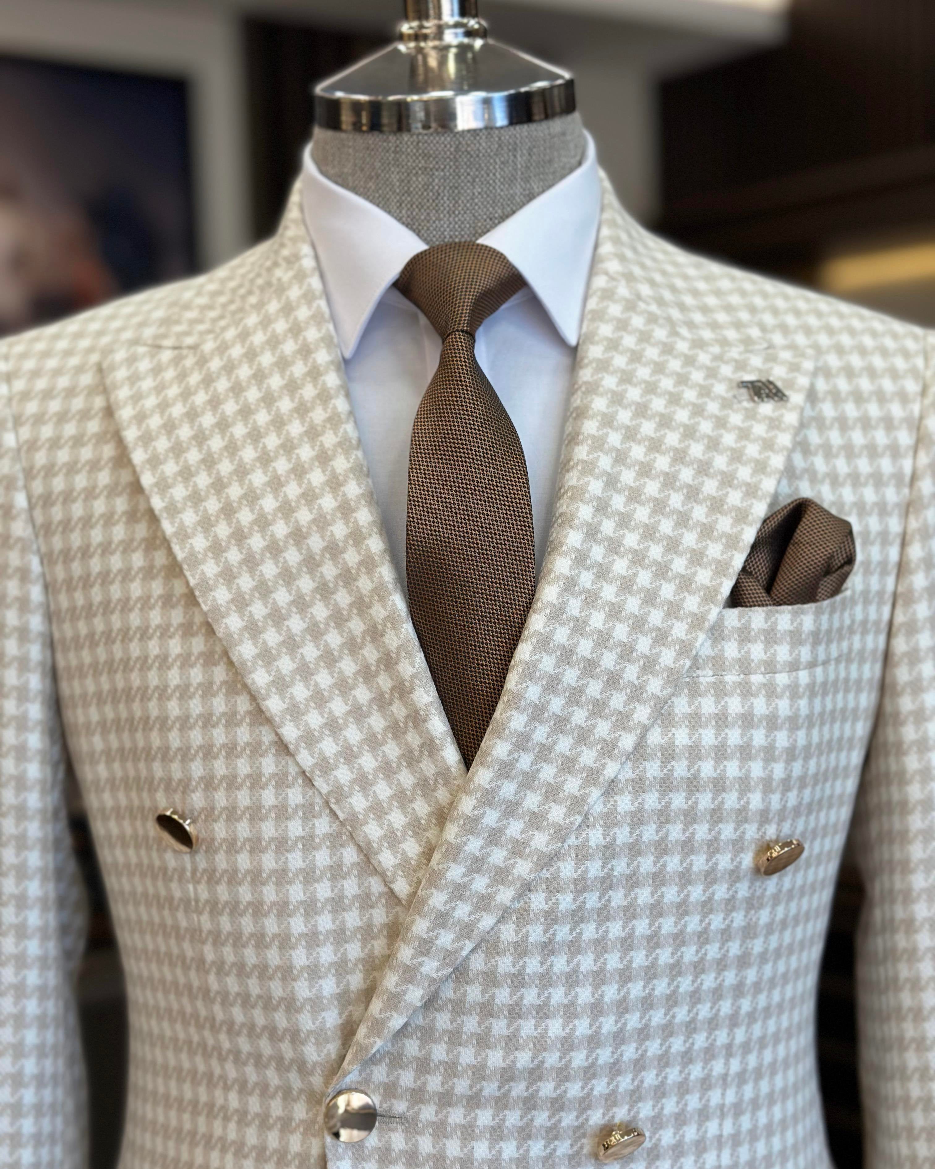 Beige Plaid Double Breasted Blazer