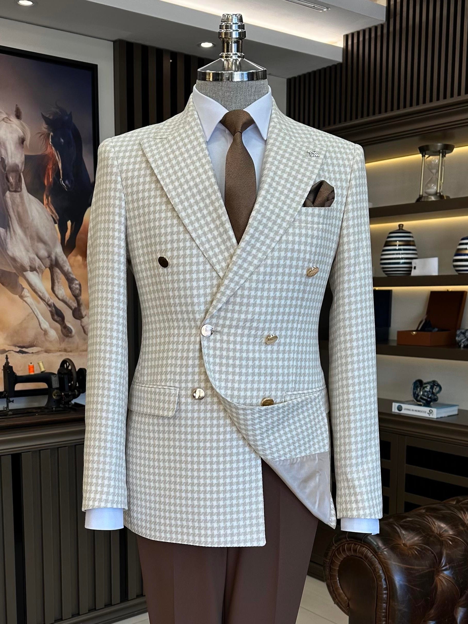Beige Plaid Double Breasted Blazer