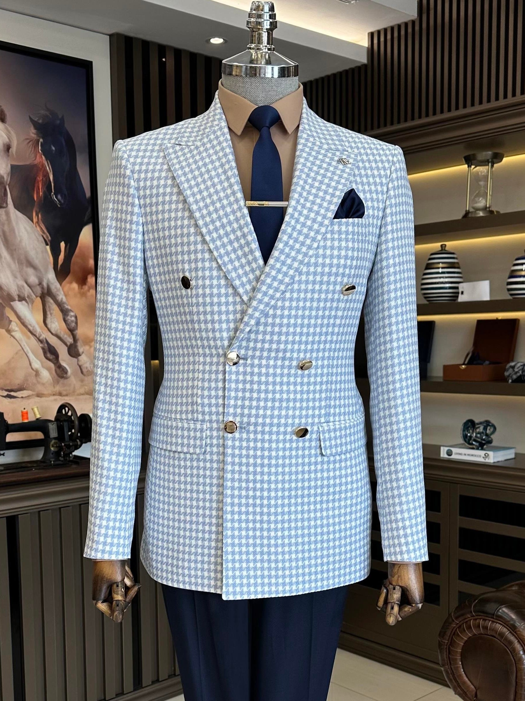 Grey Plaid Double Breasted Blazer