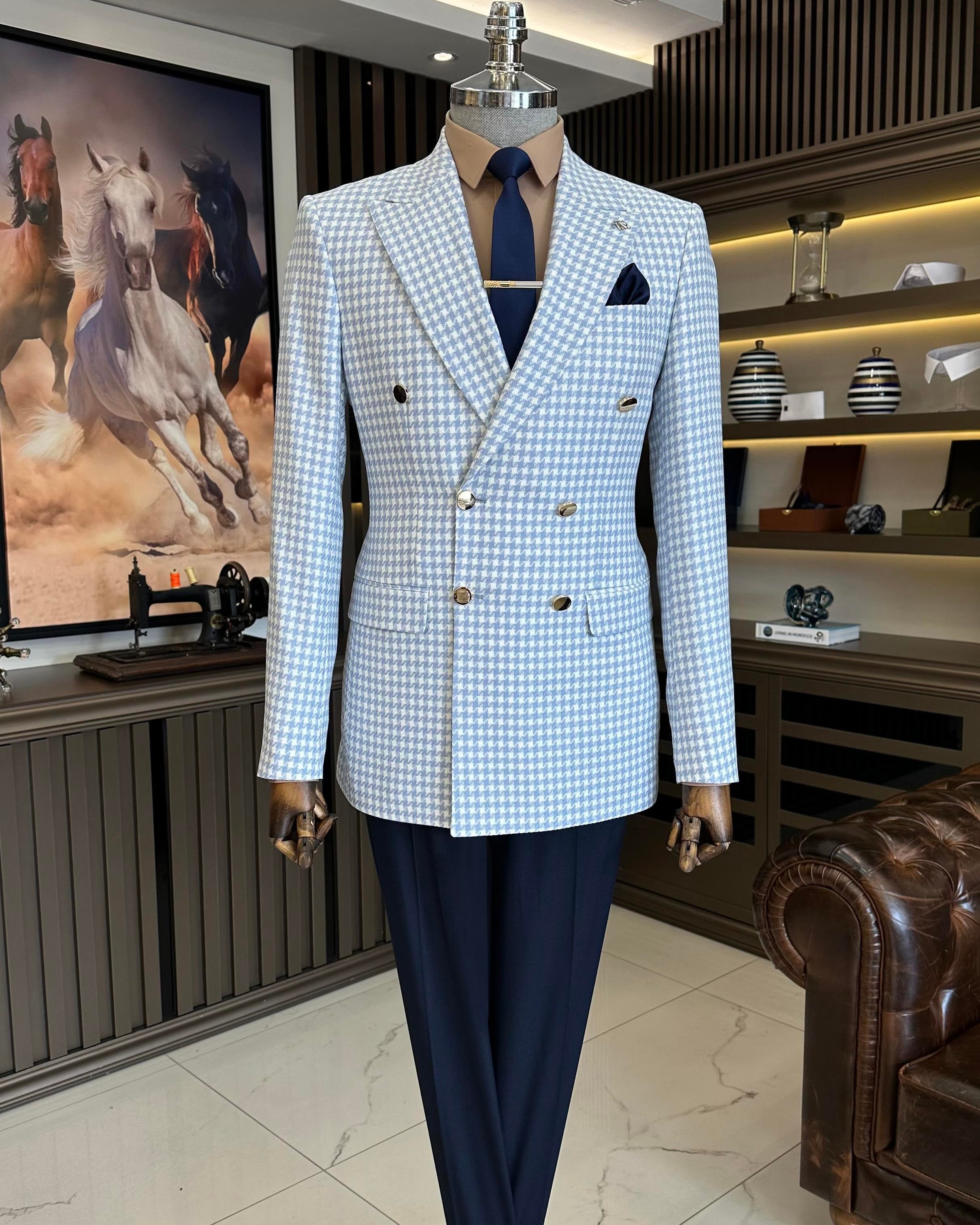 Grey Plaid Double Breasted Blazer