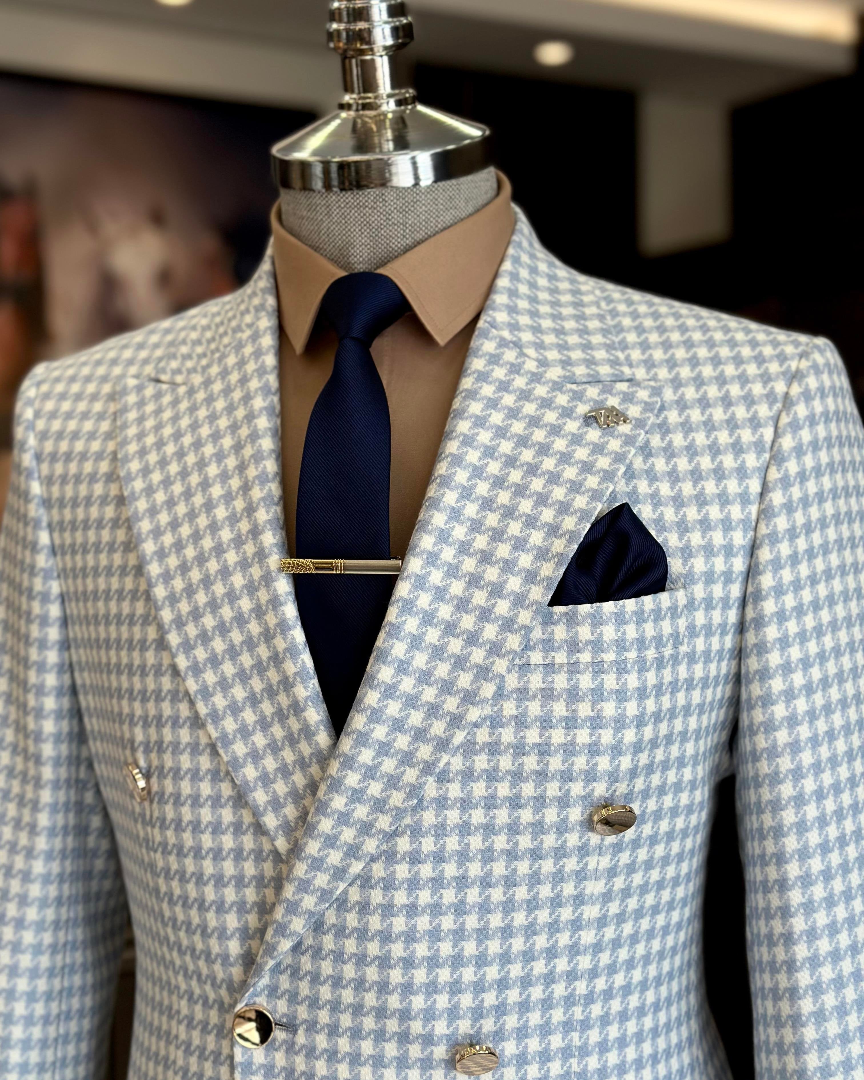 Grey Plaid Double Breasted Blazer
