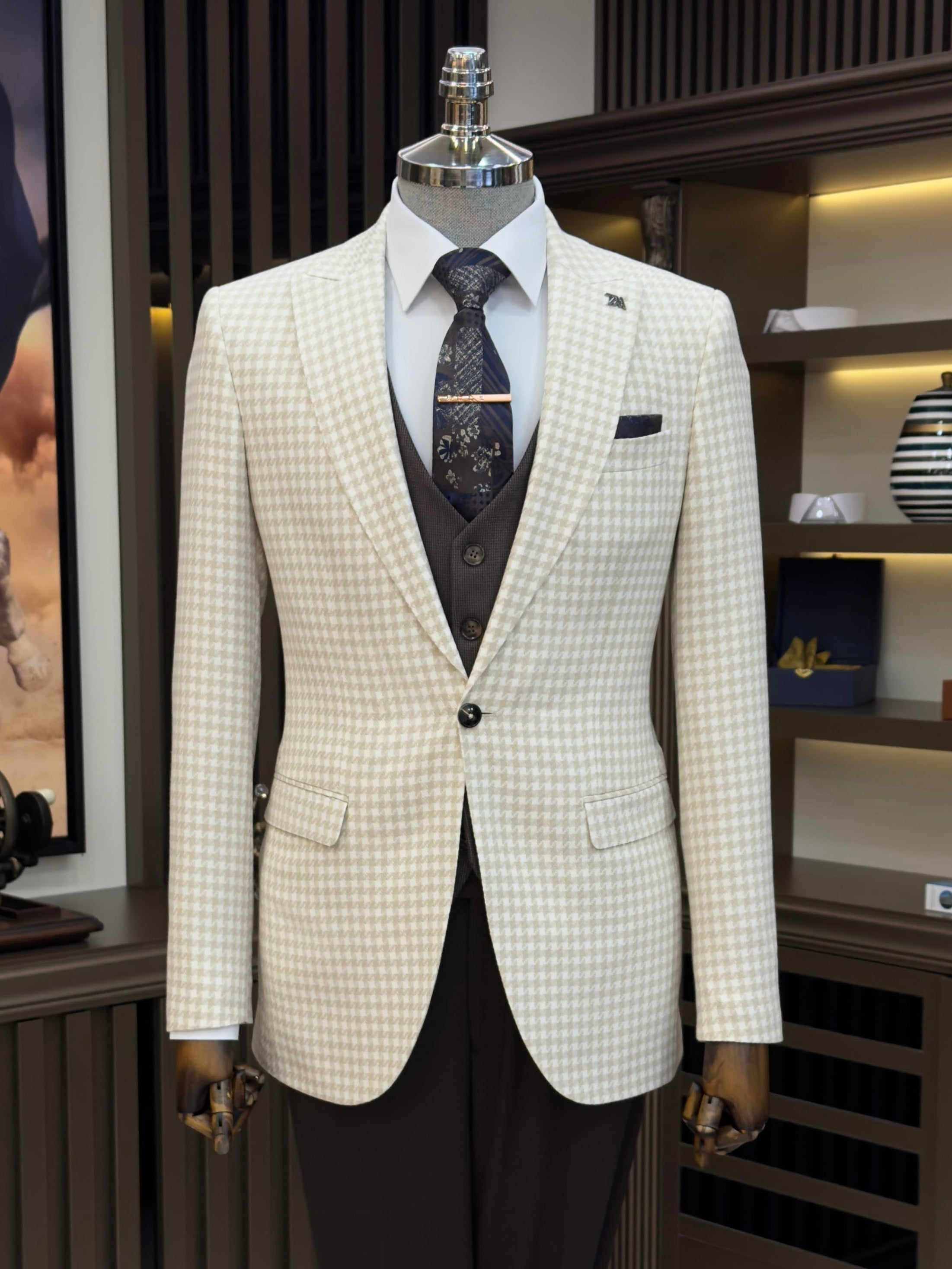 Beige Plaid Single Breasted Blazer