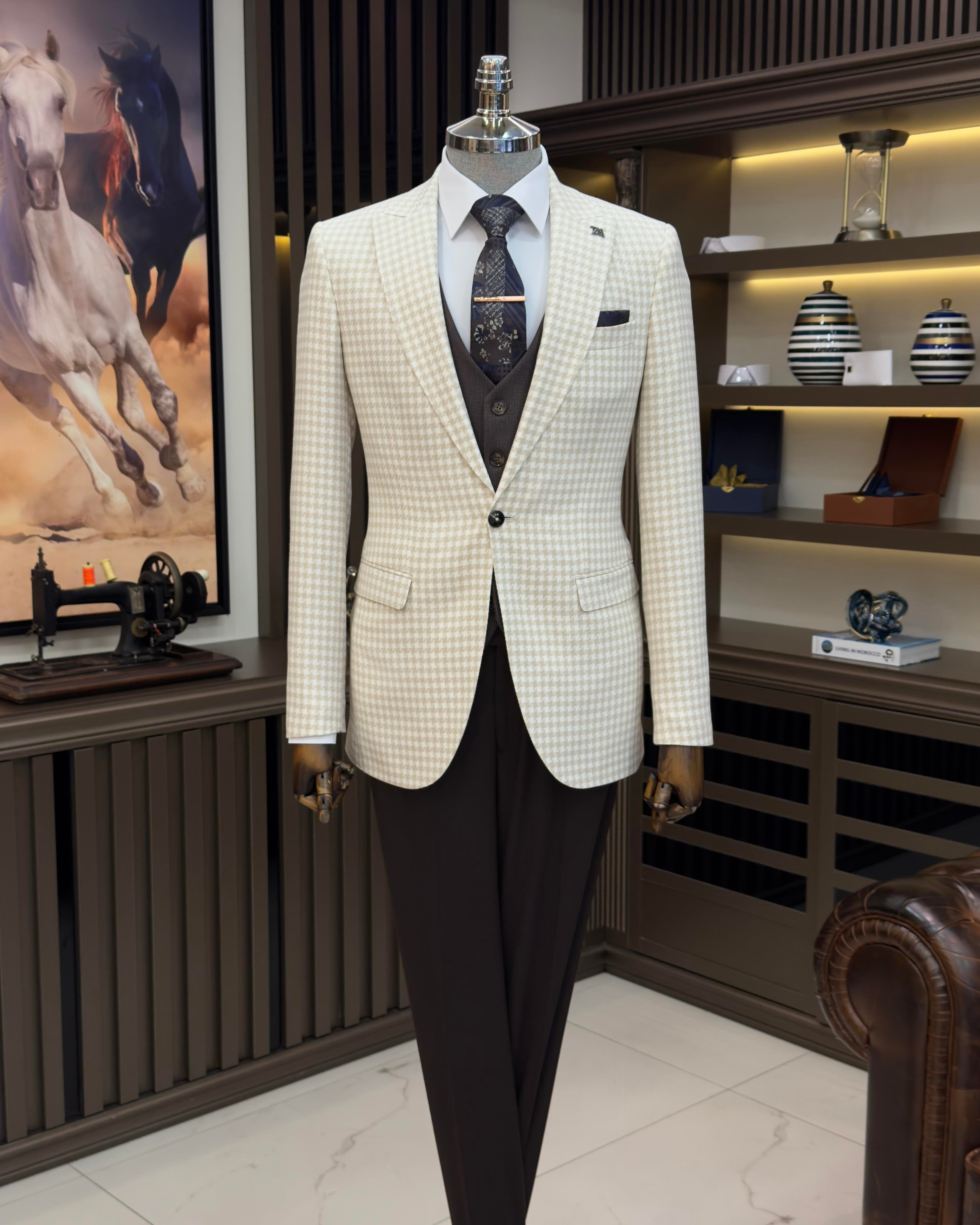 Beige Plaid Single Breasted Blazer