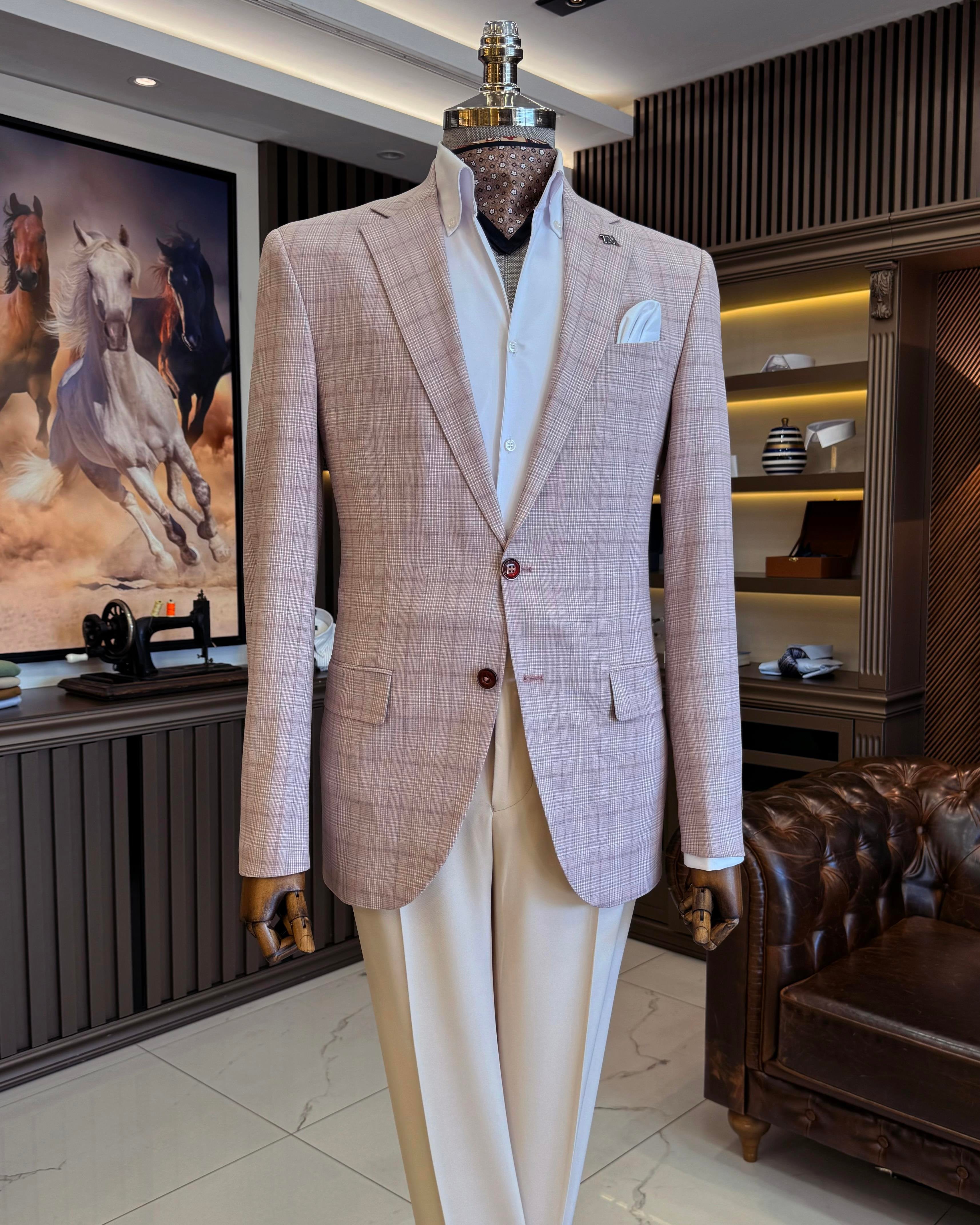 Dusty-Pink Plaid Single Breasted Blazer