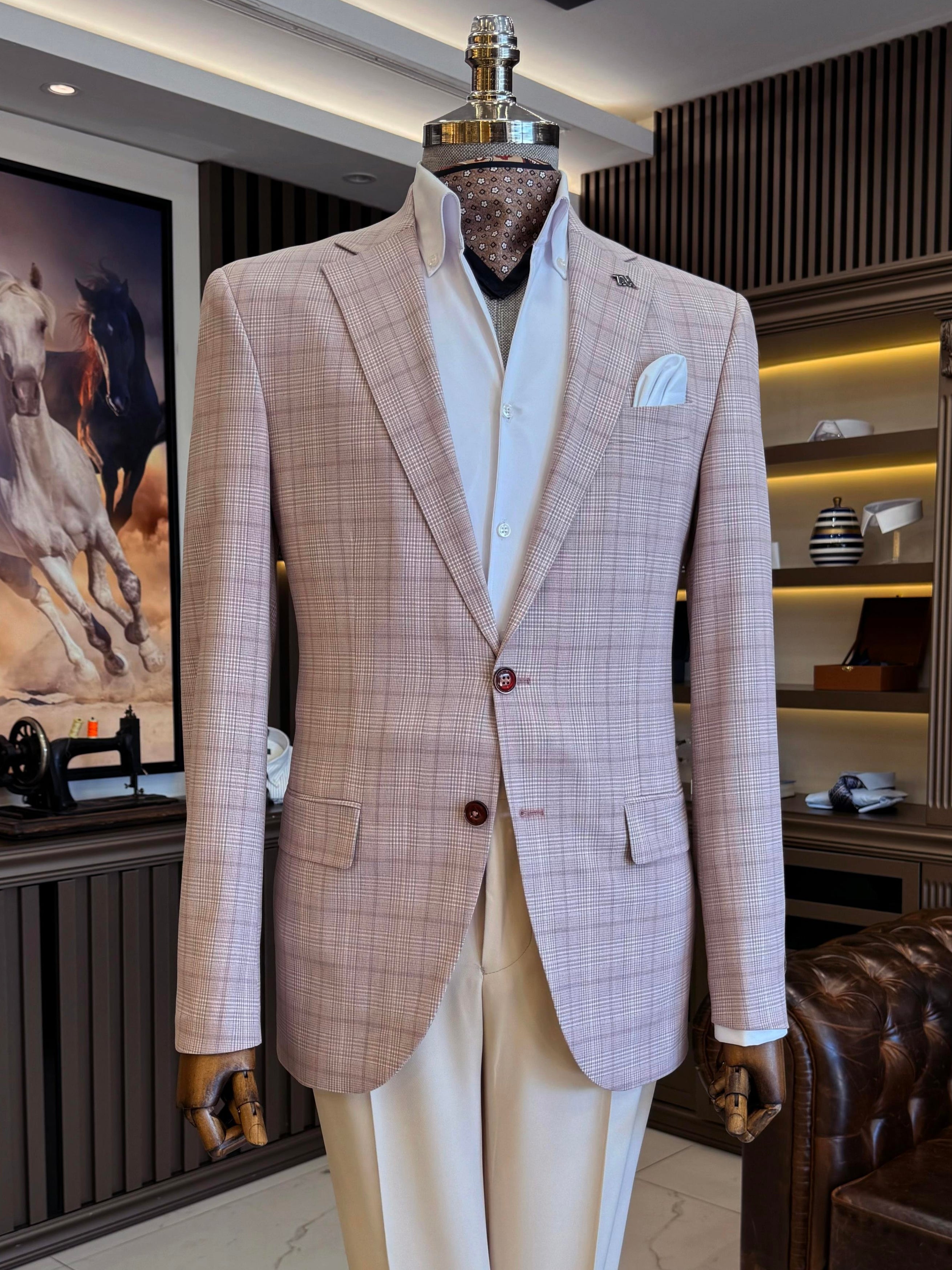 Dusty-Pink Plaid Single Breasted Blazer