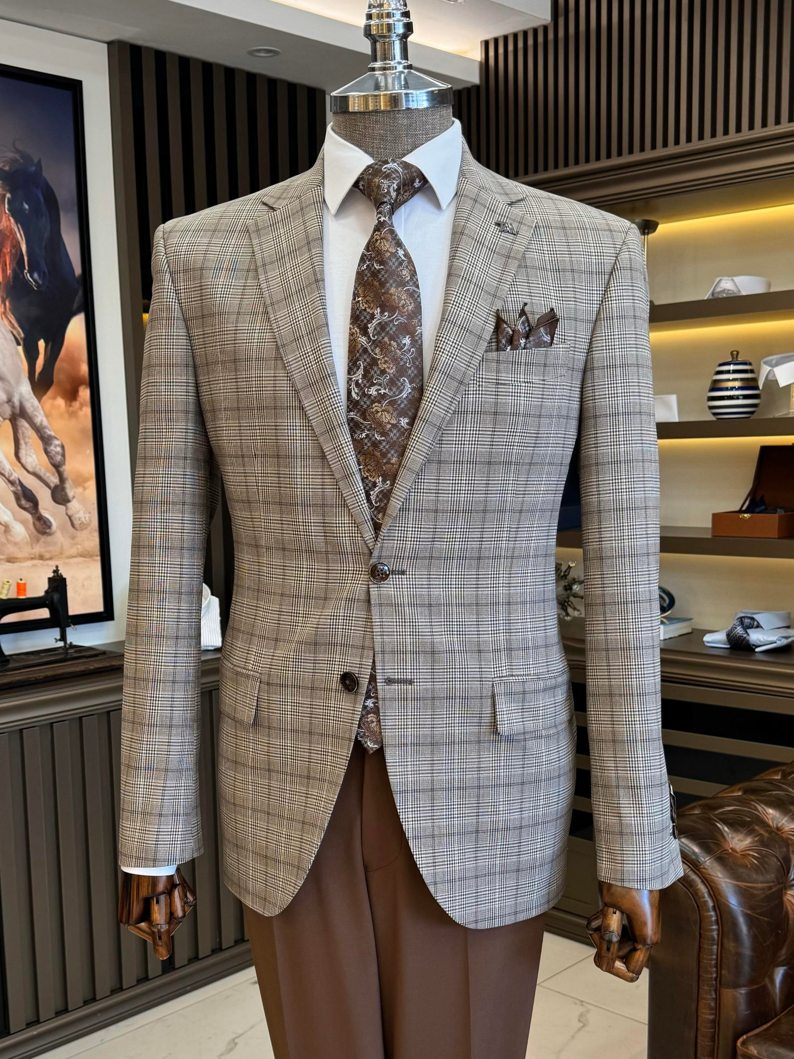 Brown Plaid Single Breasted Blazer