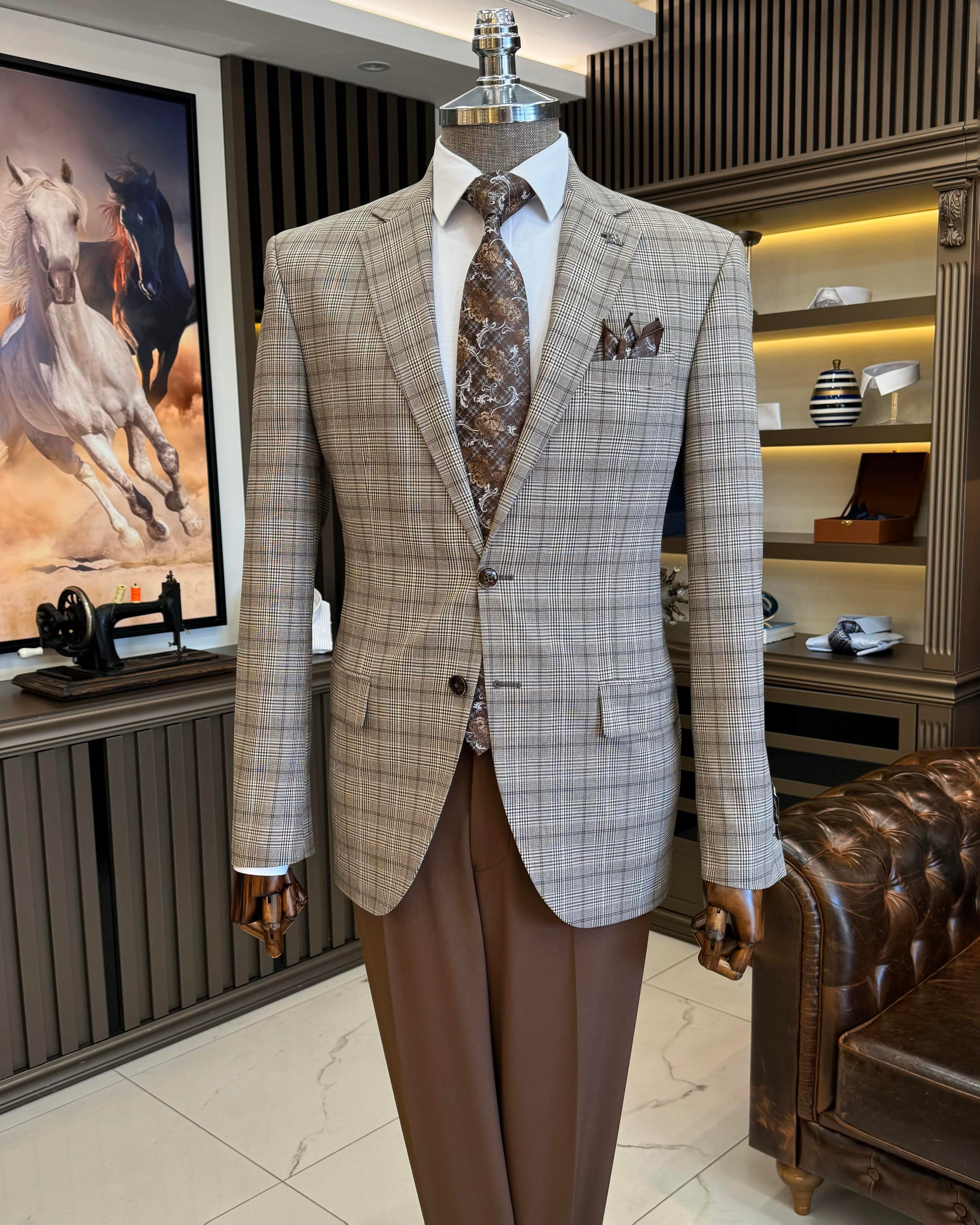 Brown Plaid Single Breasted Blazer