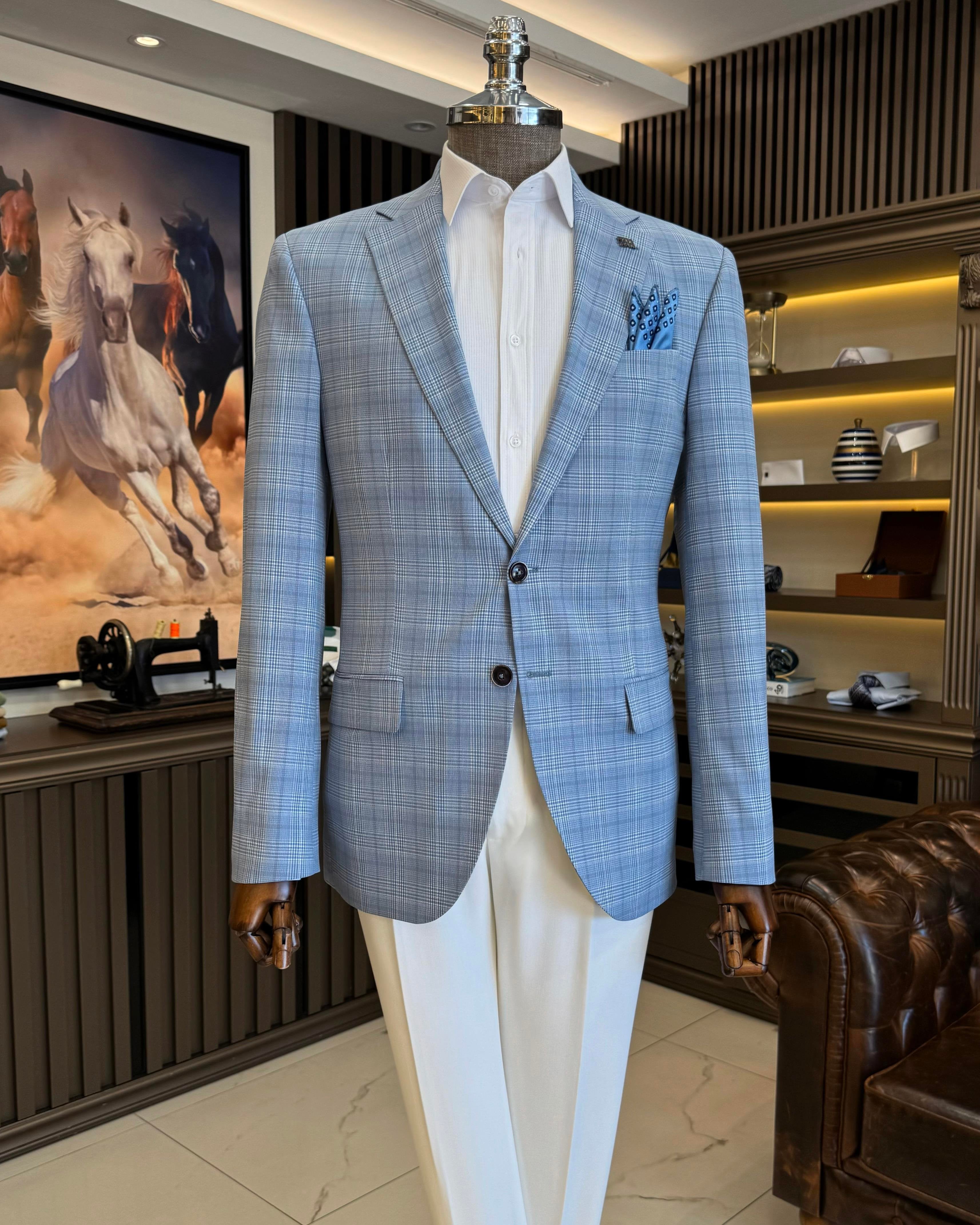Sky-Blue Plaid Single Breasted Blazer