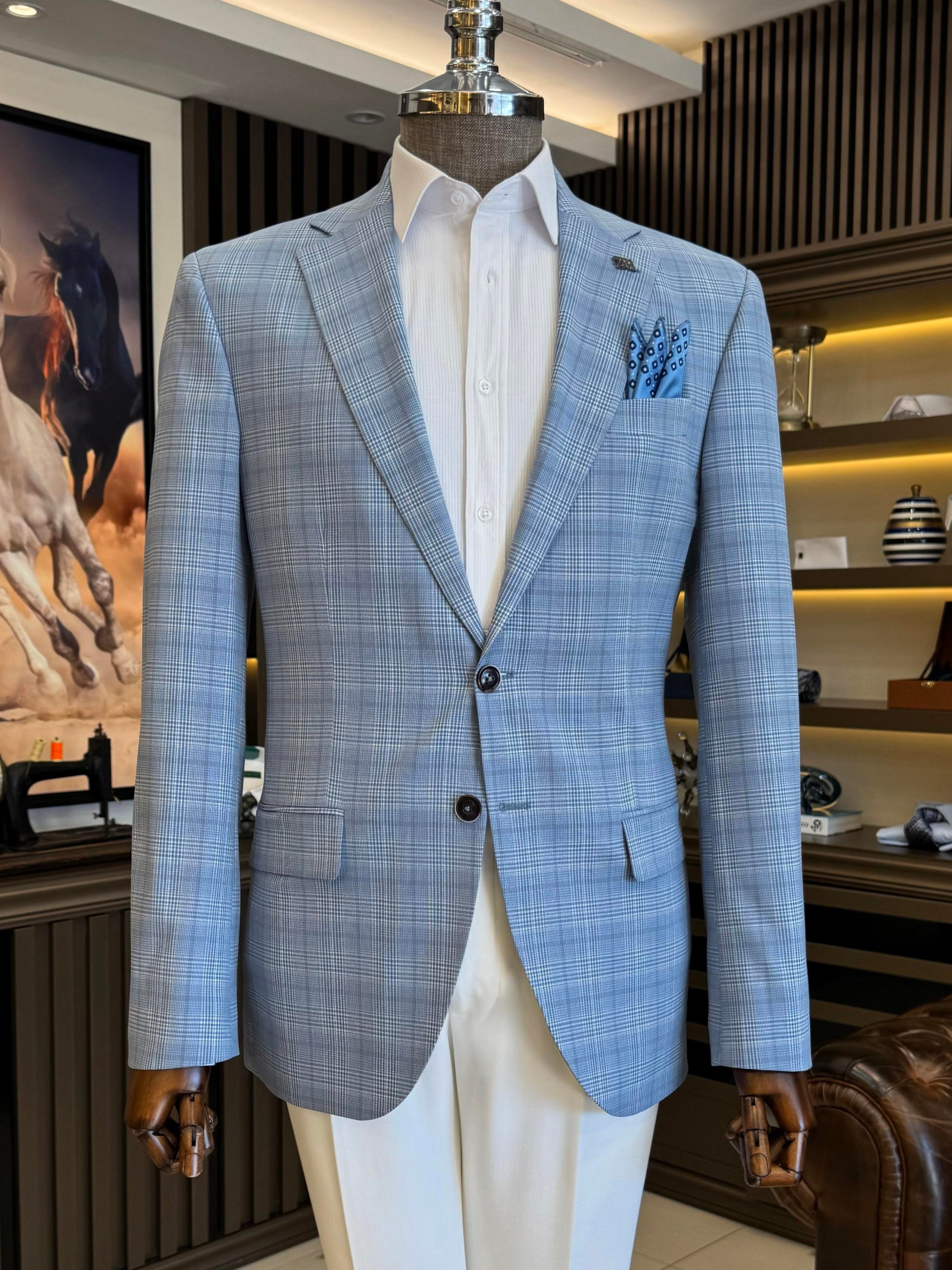Sky-Blue Plaid Single Breasted Blazer