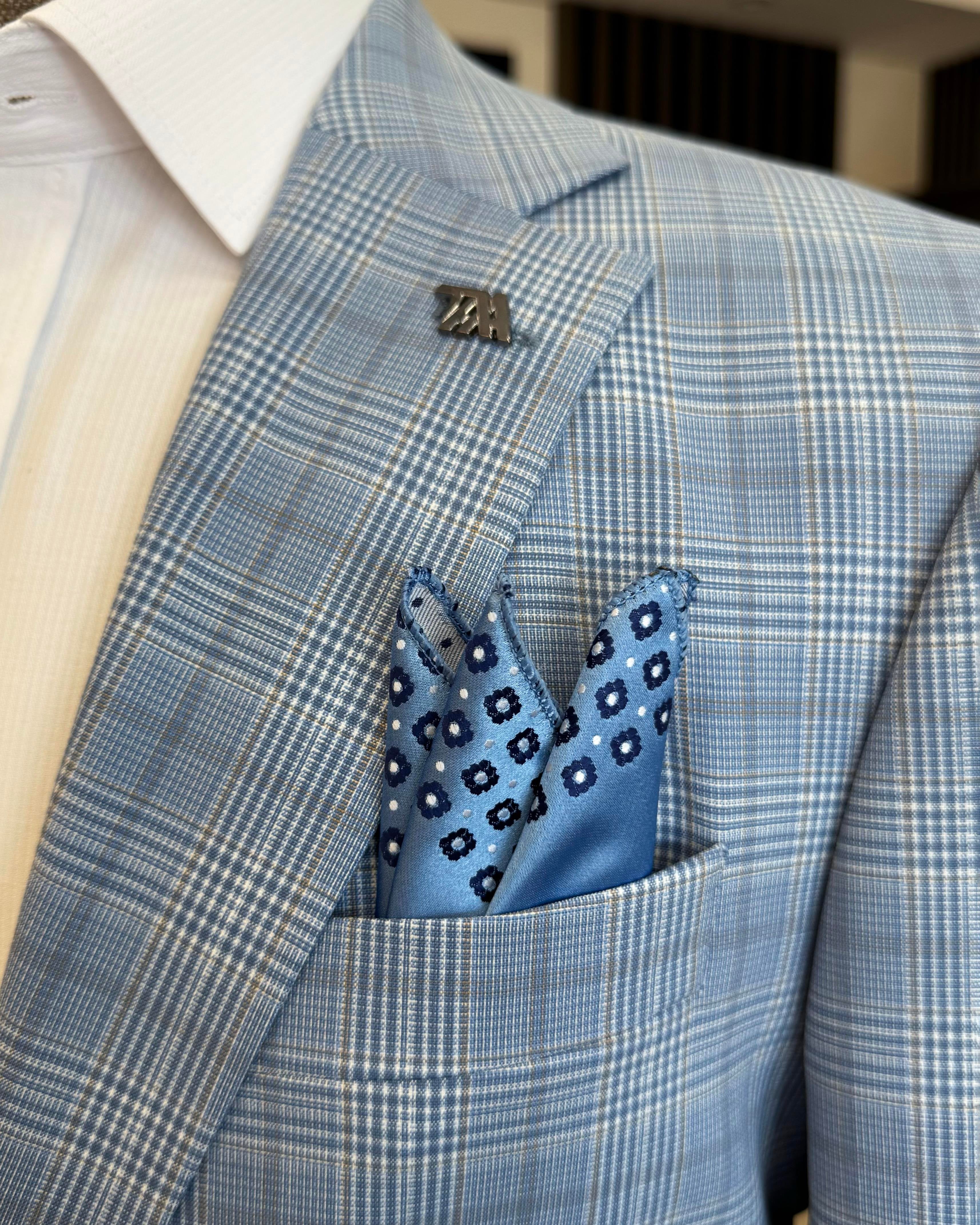 Sky-Blue Plaid Single Breasted Blazer