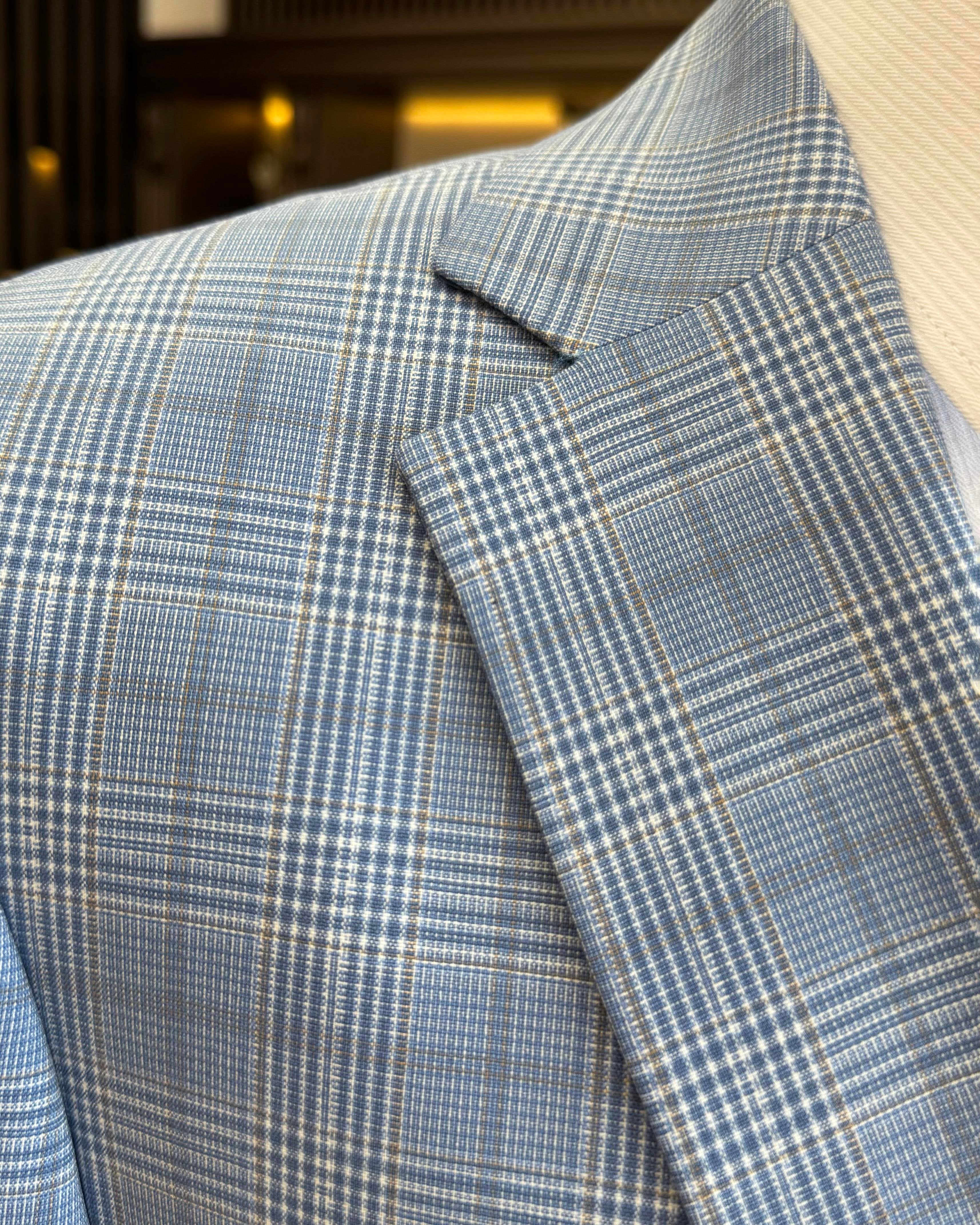 Sky-Blue Plaid Single Breasted Blazer