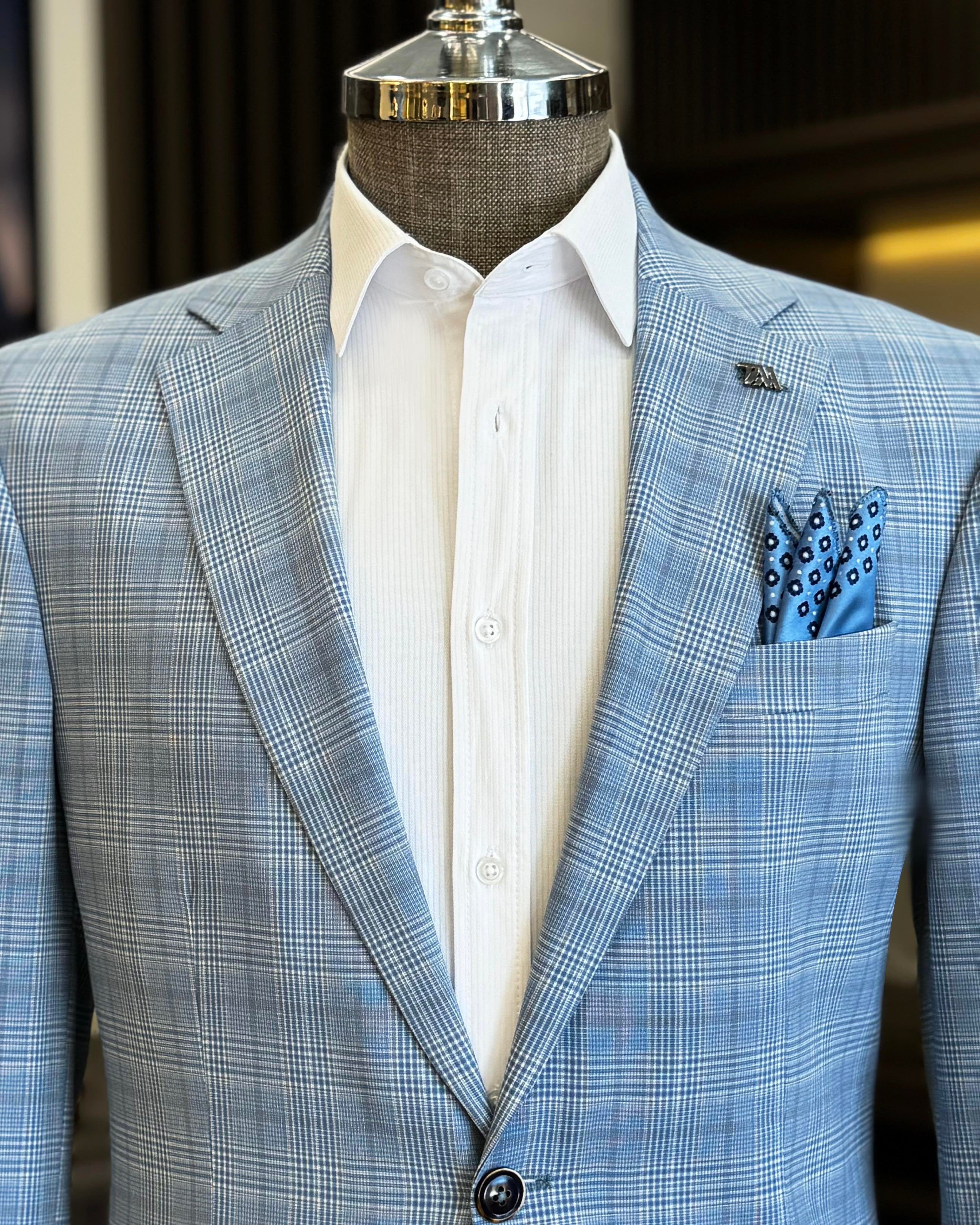 Sky-Blue Plaid Single Breasted Blazer