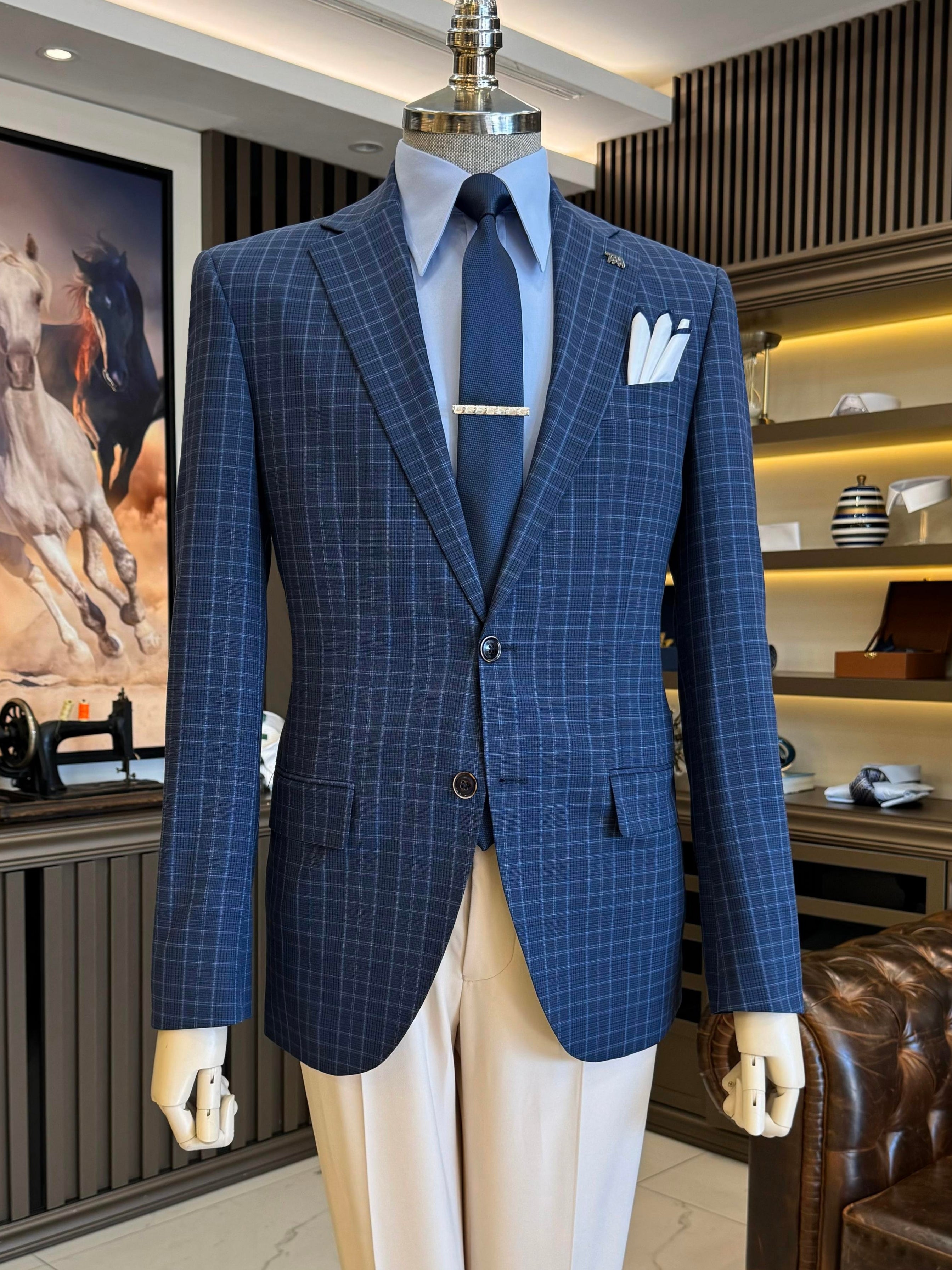 Navy Plaid Single Breasted Blazer