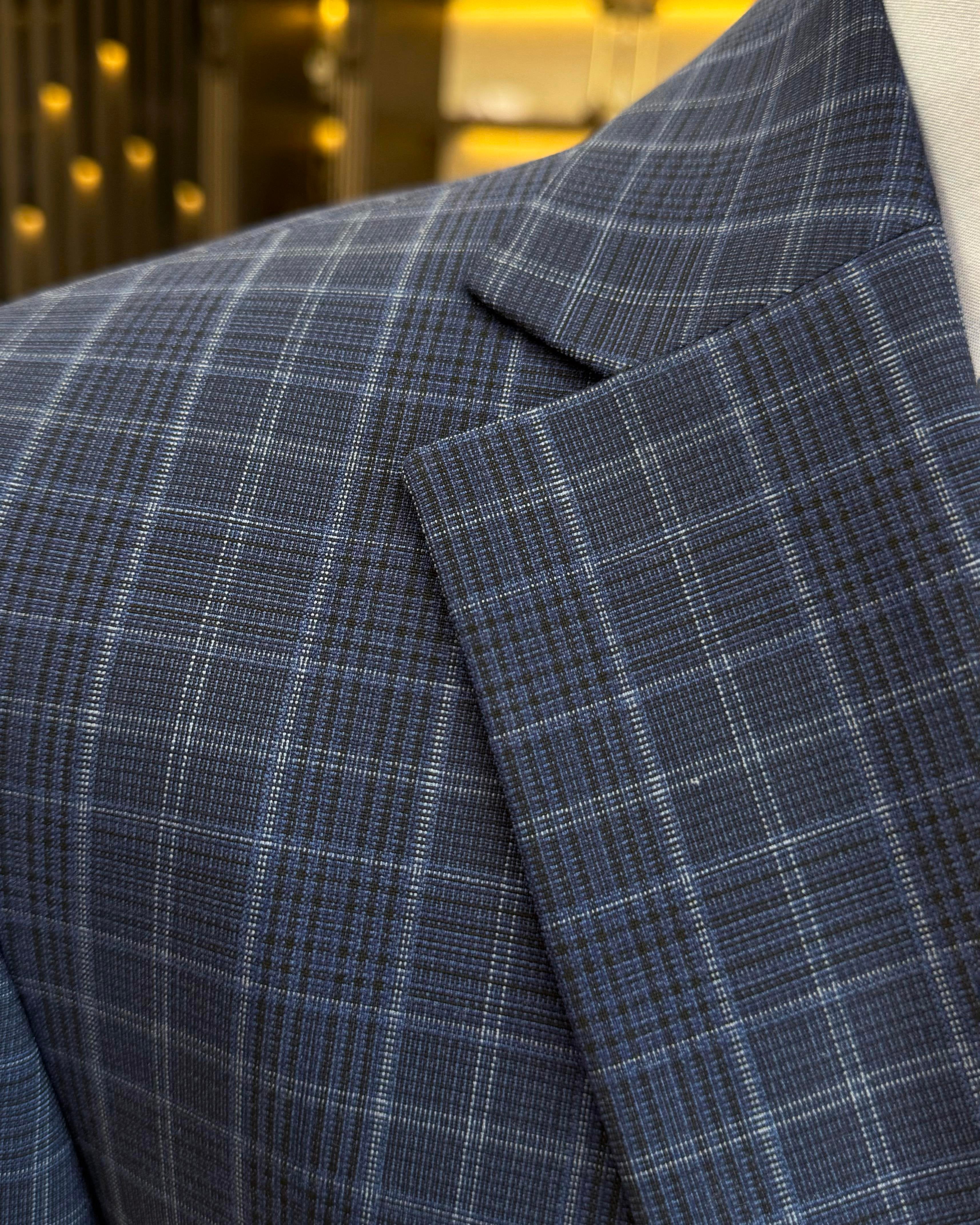 Navy Plaid Single Breasted Blazer