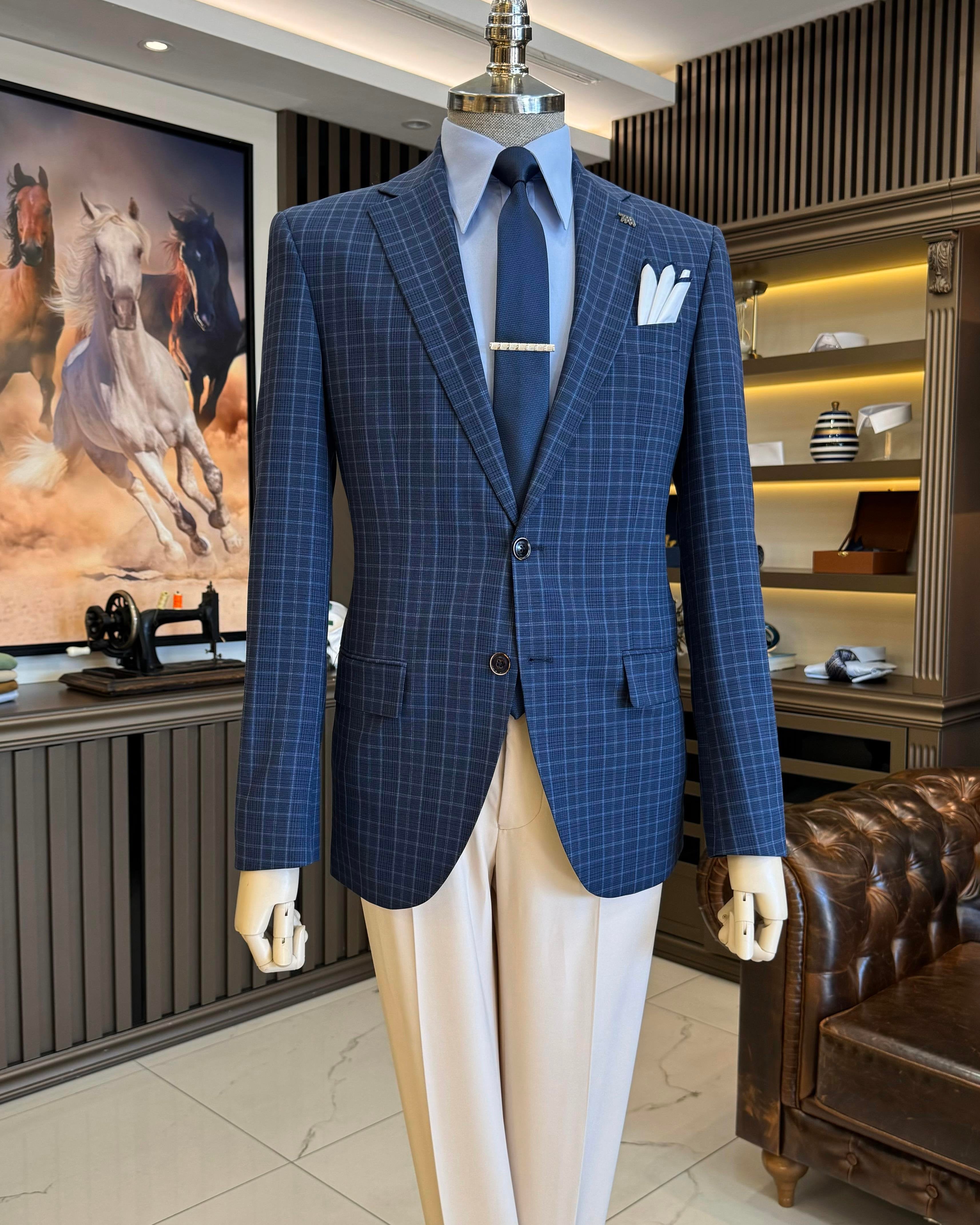 Navy Plaid Single Breasted Blazer