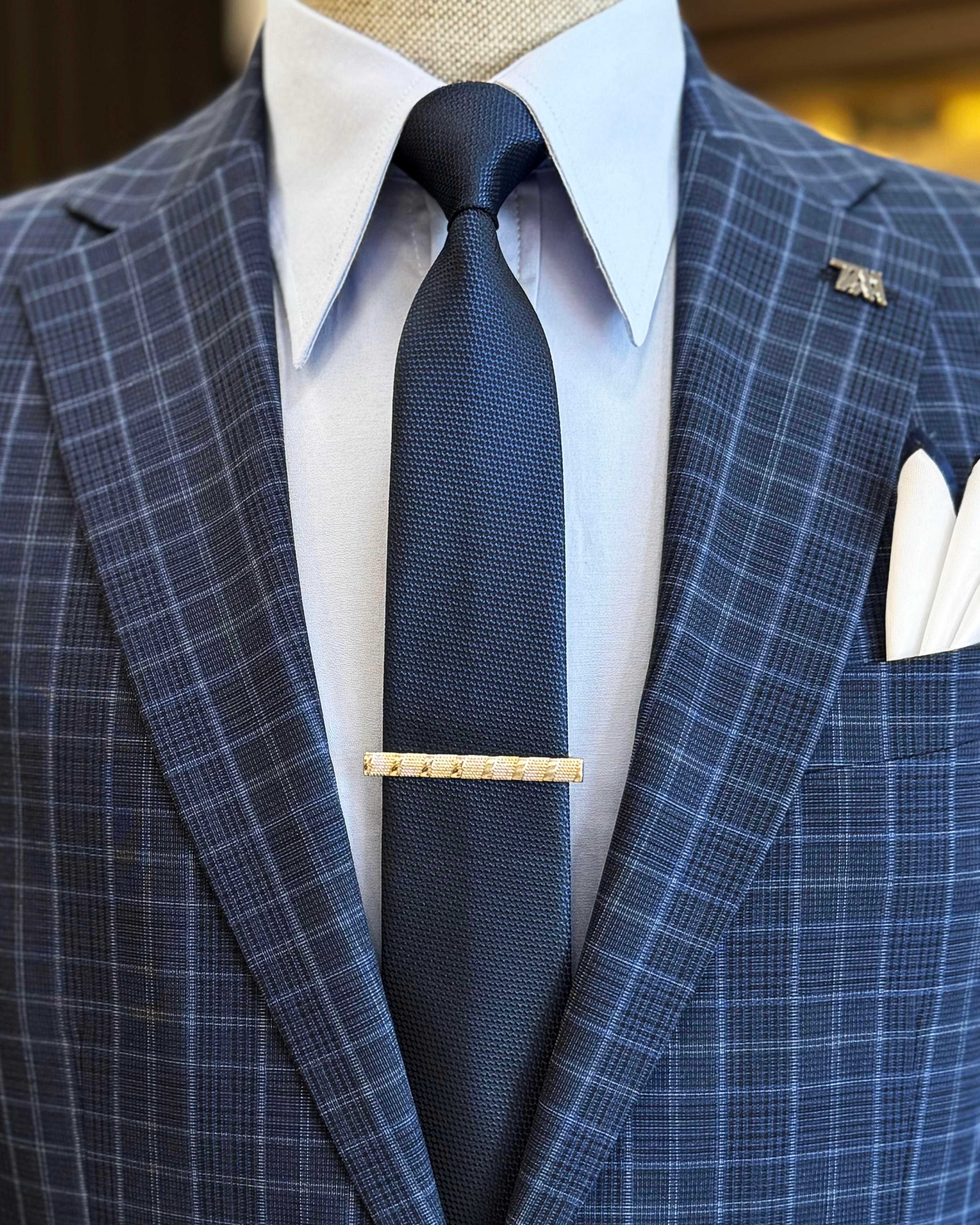 Navy Plaid Single Breasted Blazer