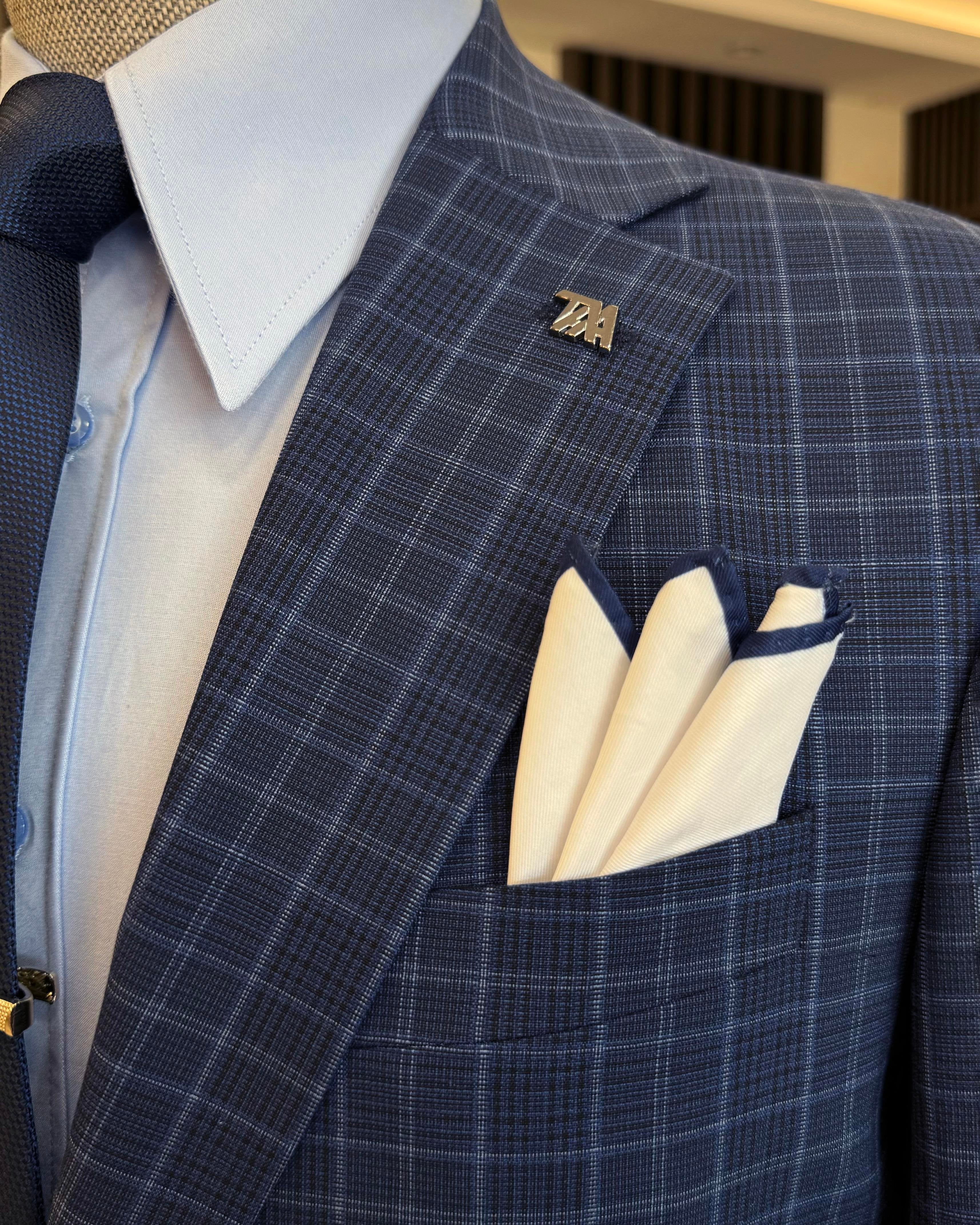 Navy Plaid Single Breasted Blazer