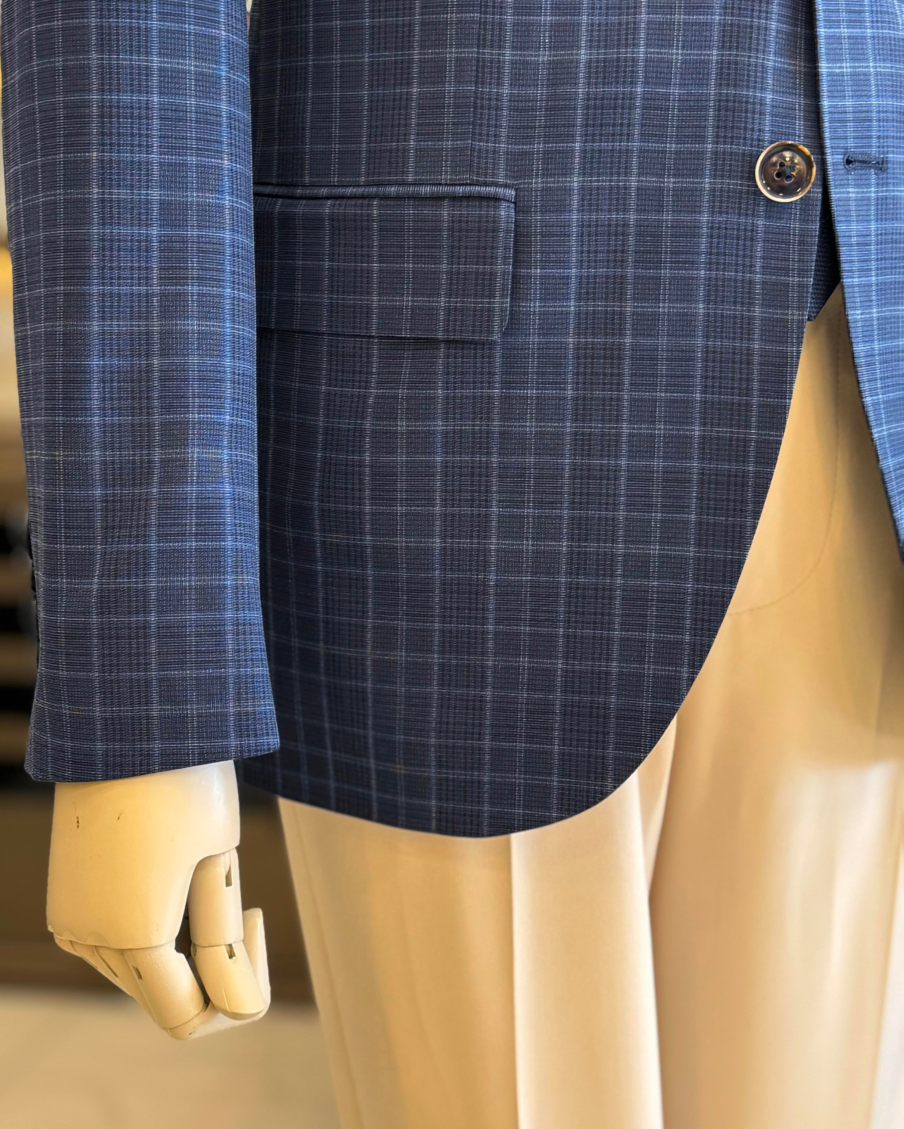 Navy Plaid Single Breasted Blazer
