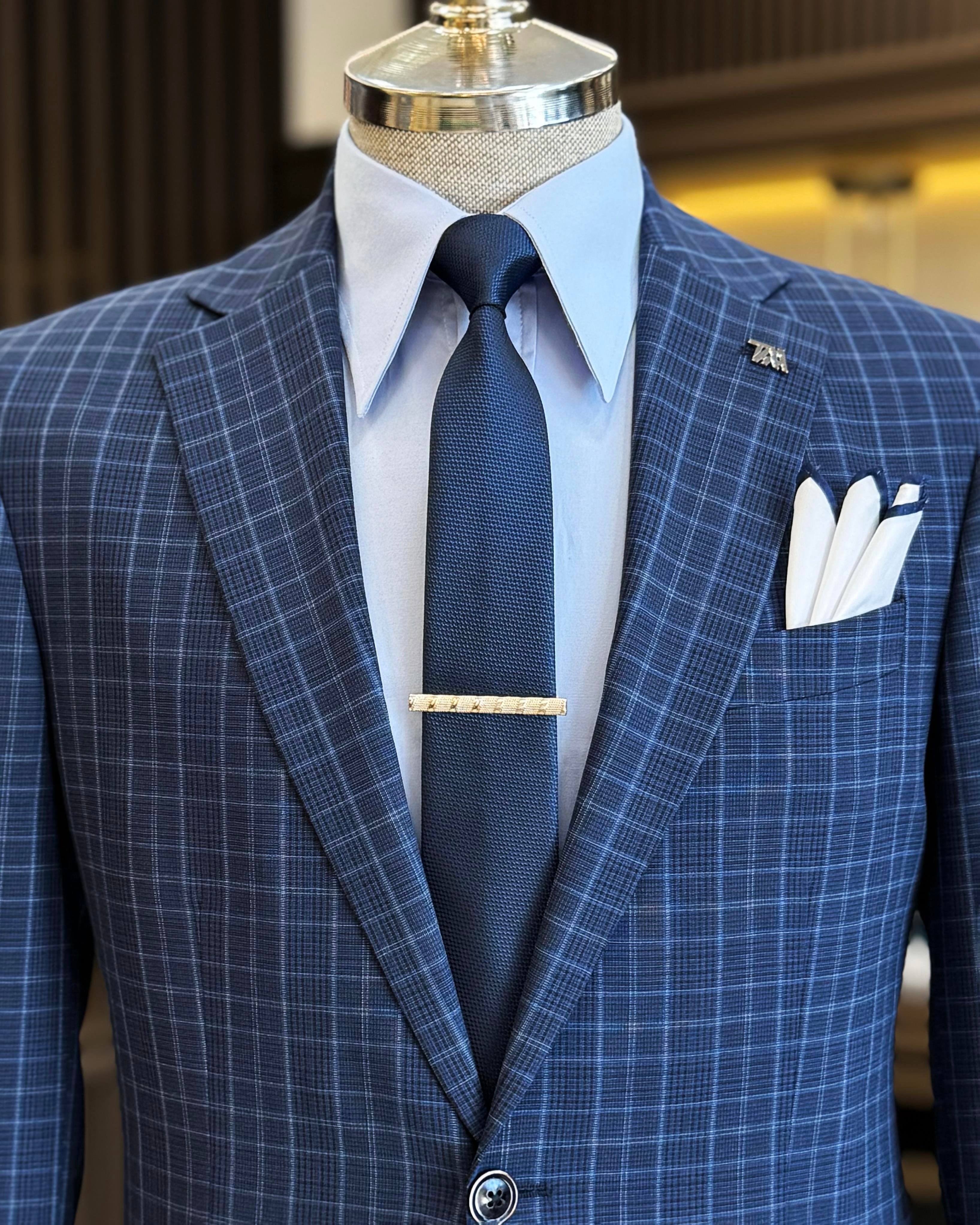 Navy Plaid Single Breasted Blazer