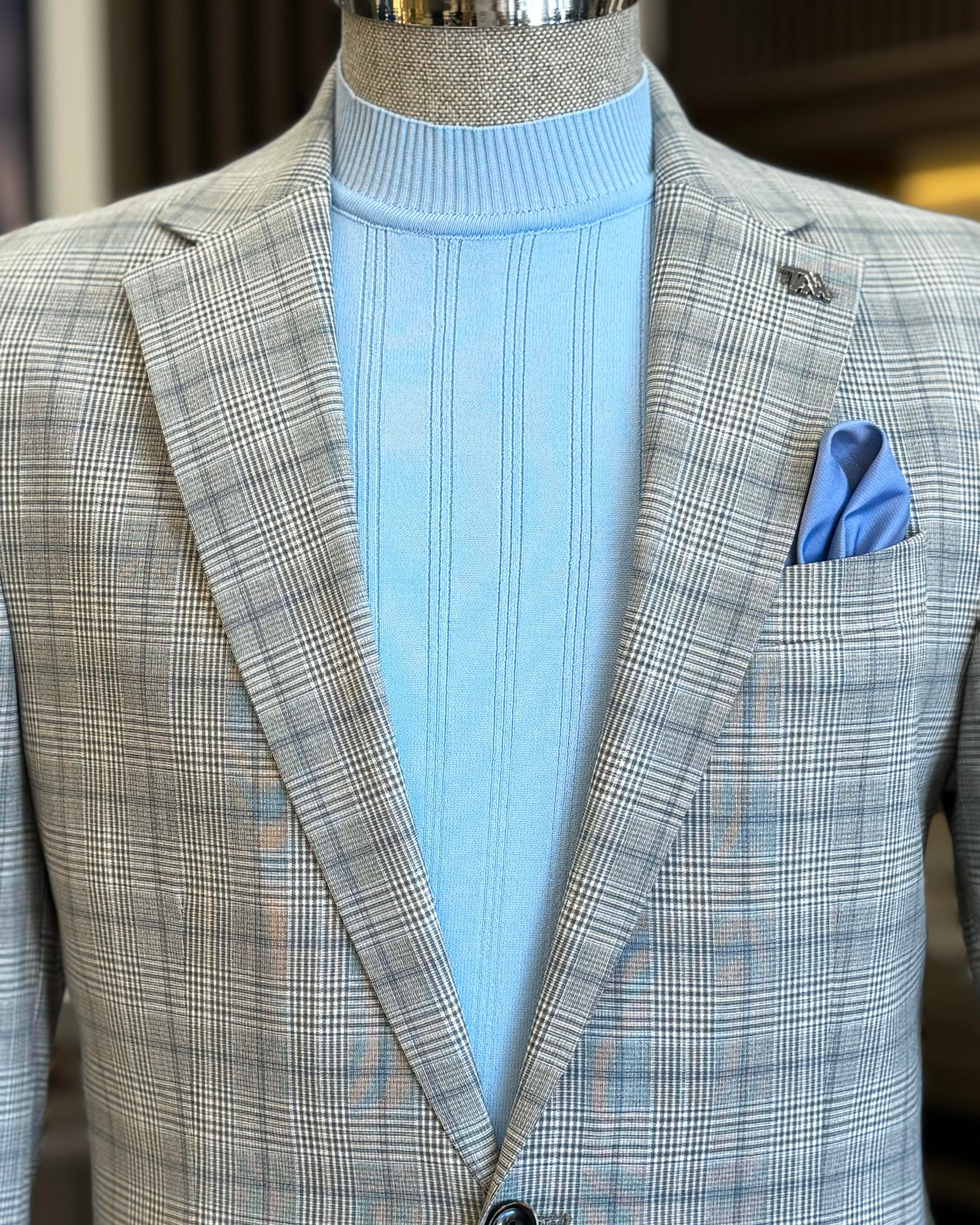Grey Plaid Single Breasted Blazer