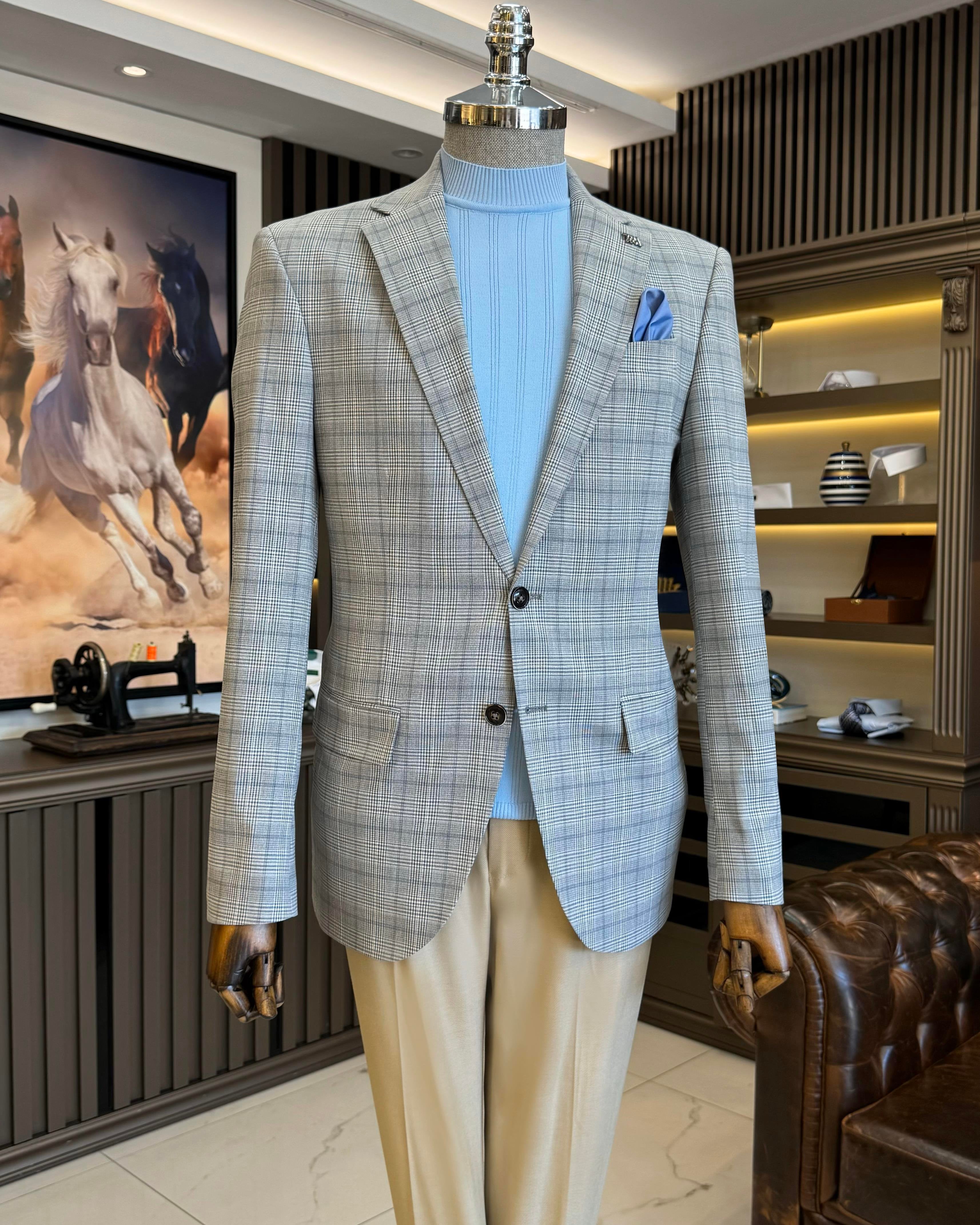 Grey Plaid Single Breasted Blazer