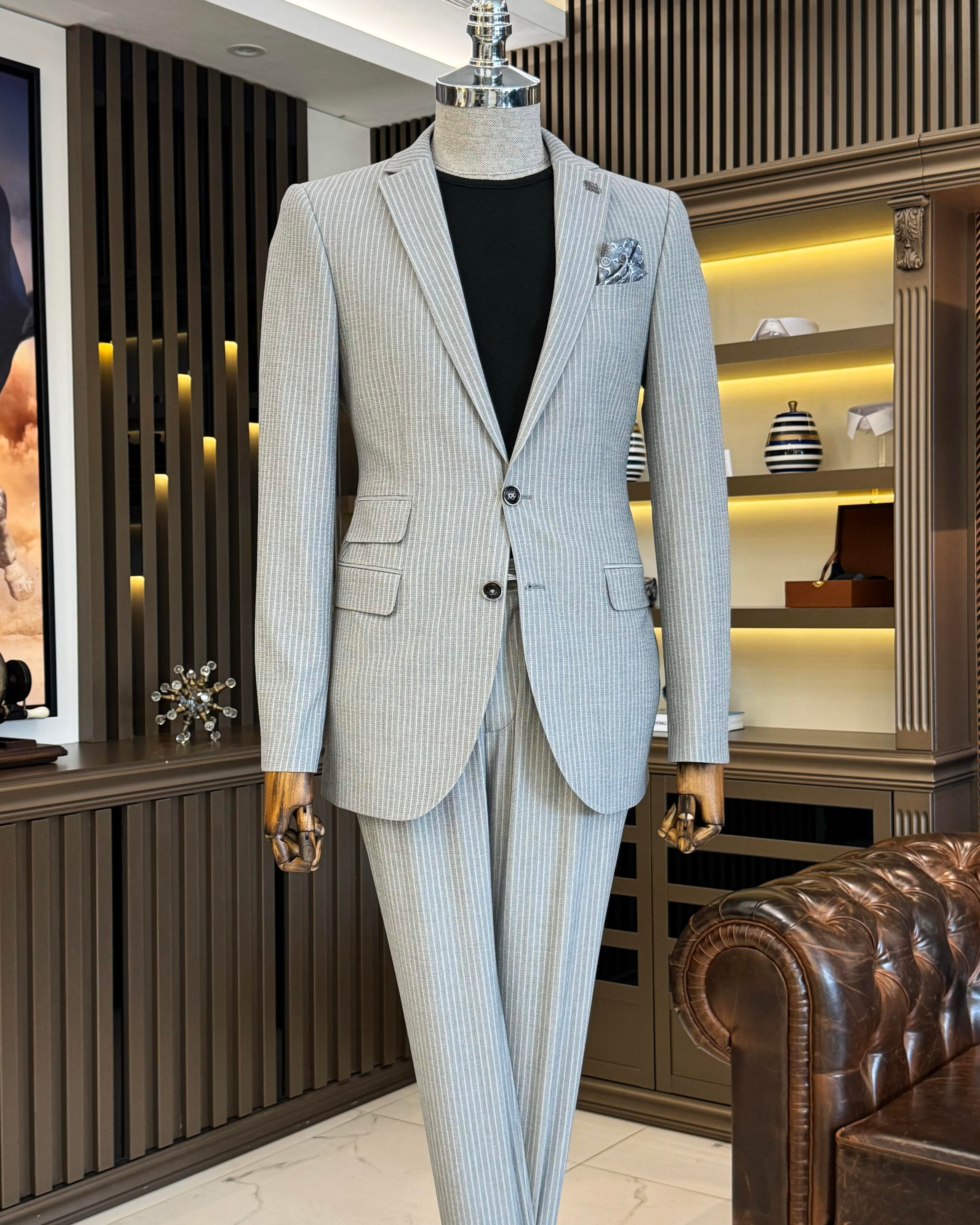 Grey Striped Slim-Fit Suit 2-Piece