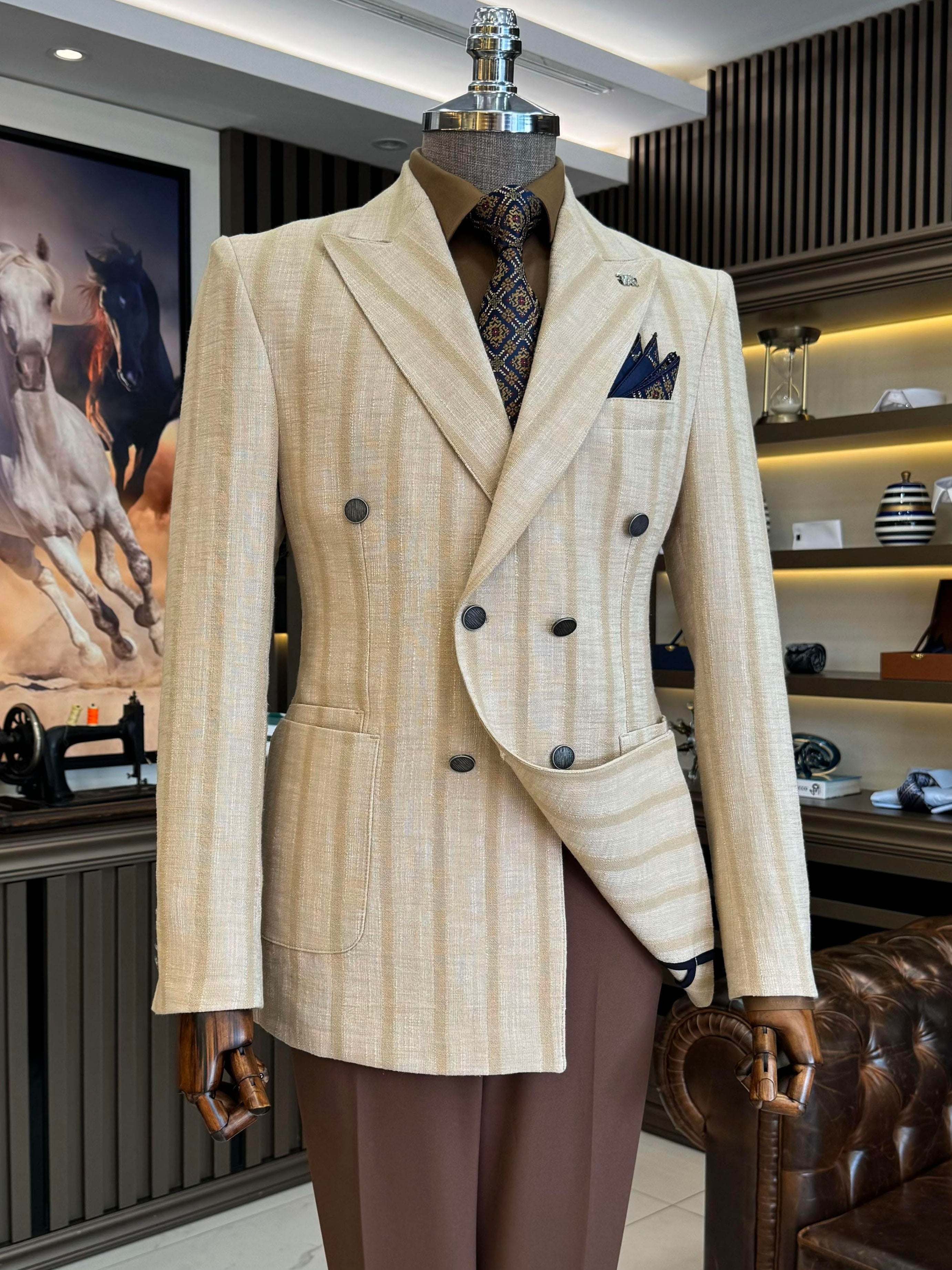 Beige Striped Double Breasted Blazer