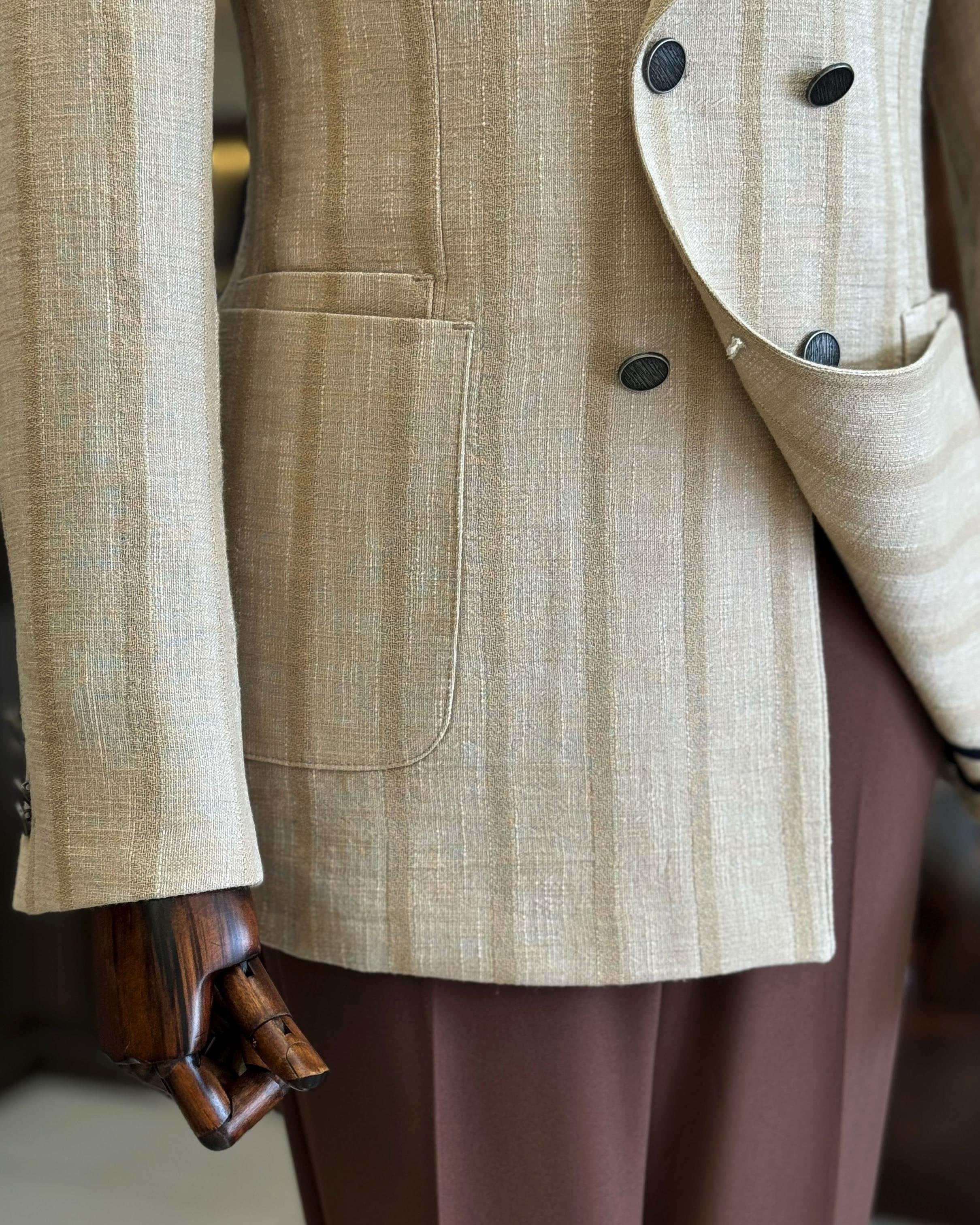 Beige Striped Double Breasted Blazer