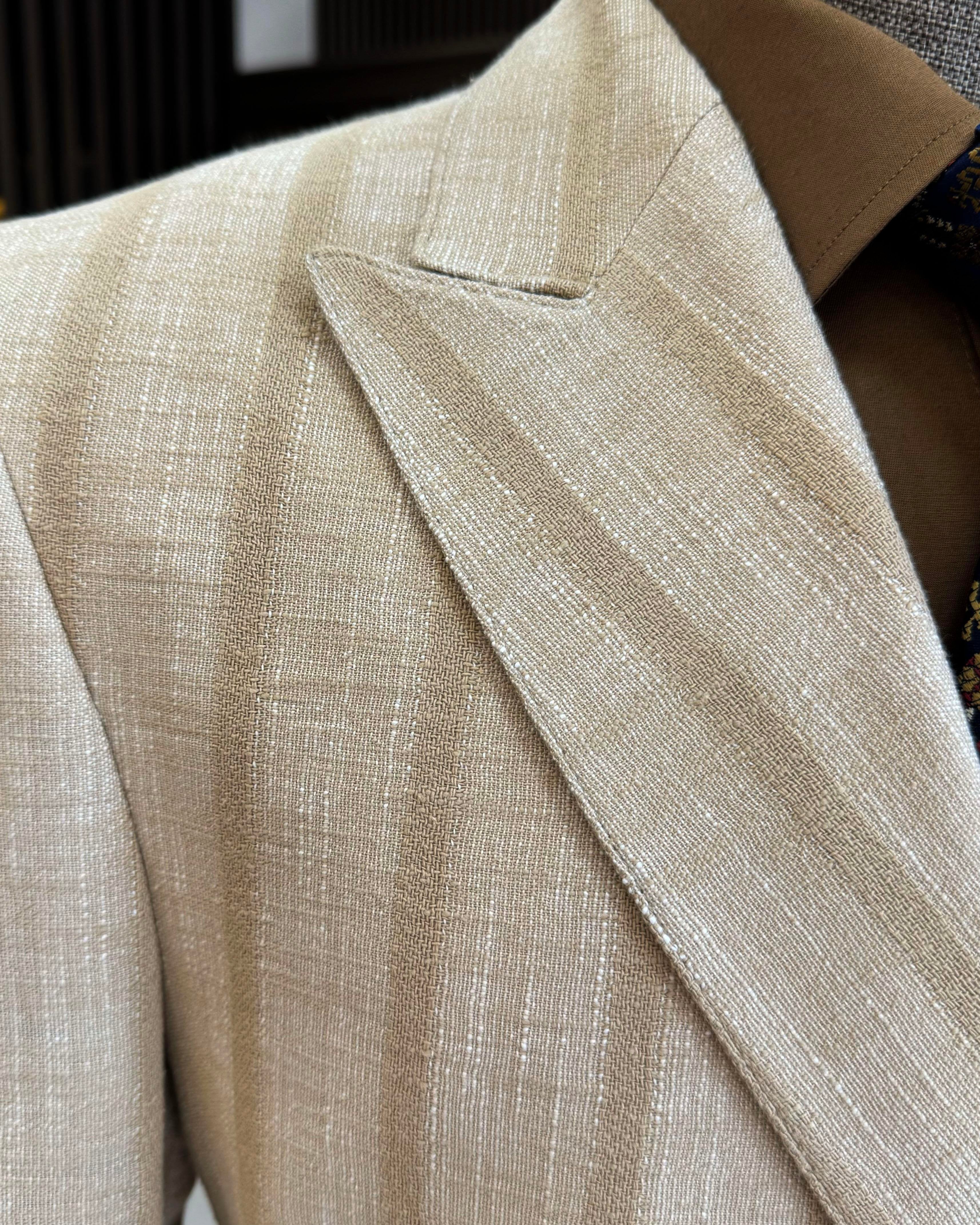 Beige Striped Double Breasted Blazer