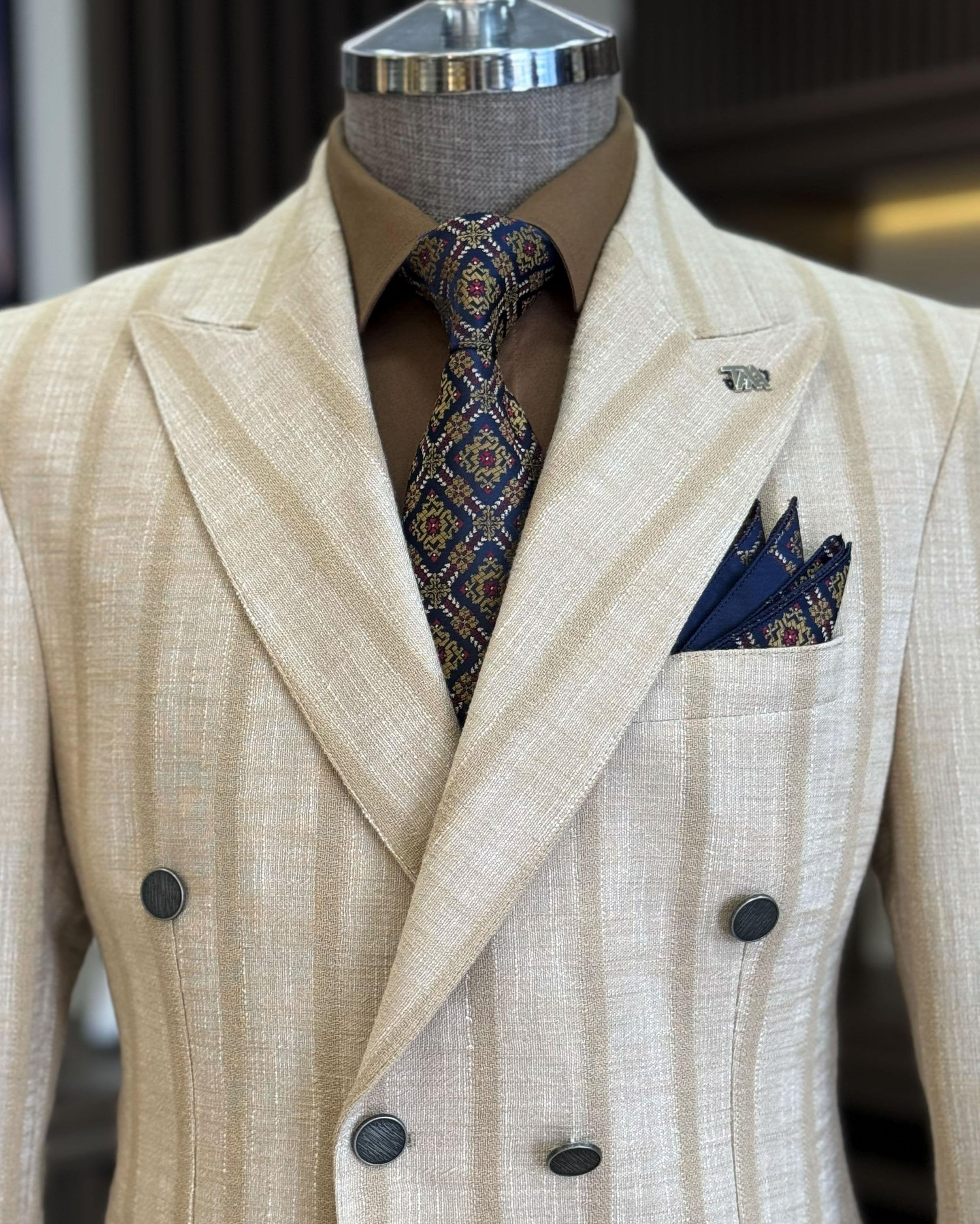 Beige Striped Double Breasted Blazer