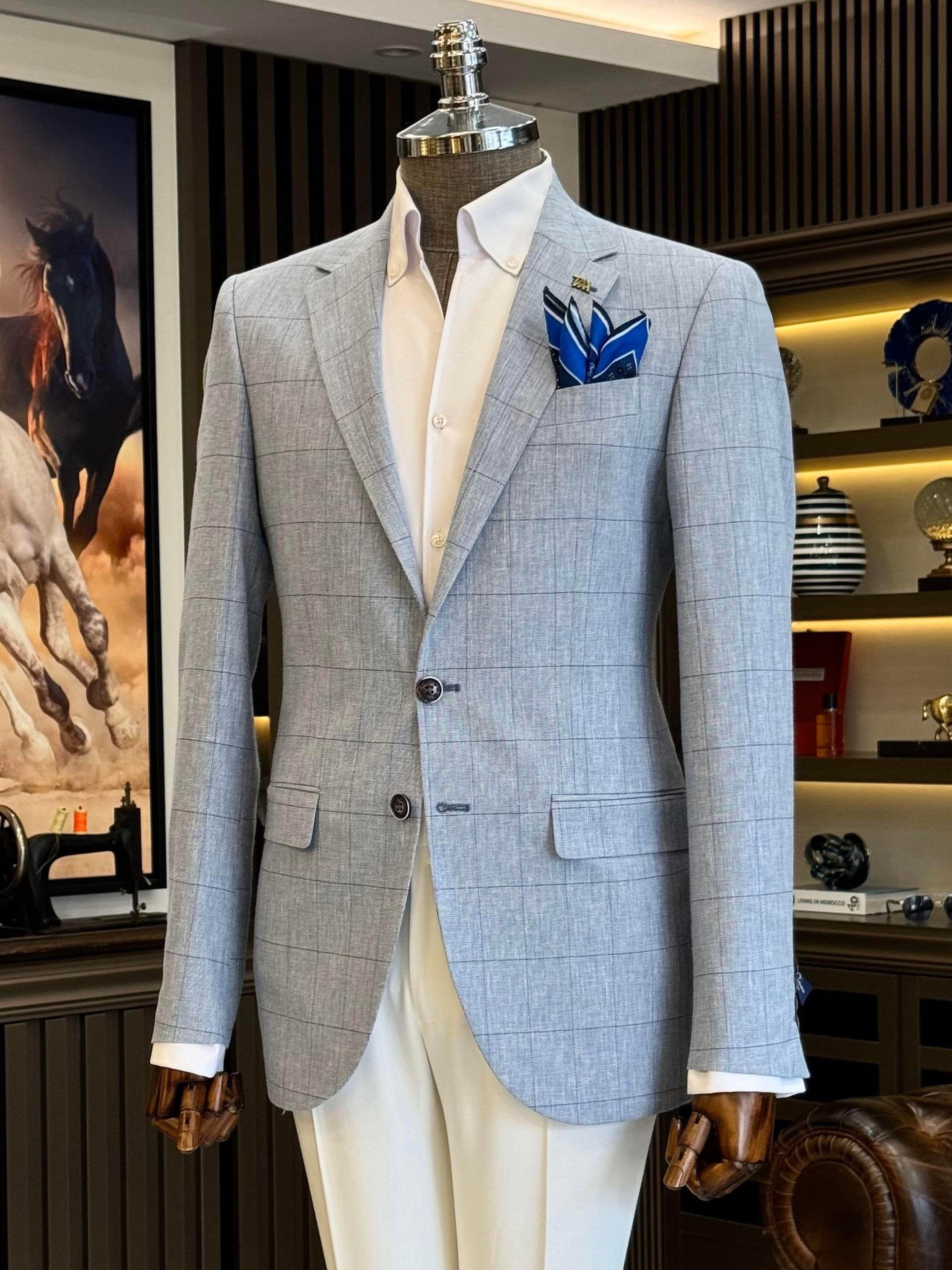 Sky-Blue Plaid Single Breasted Blazer