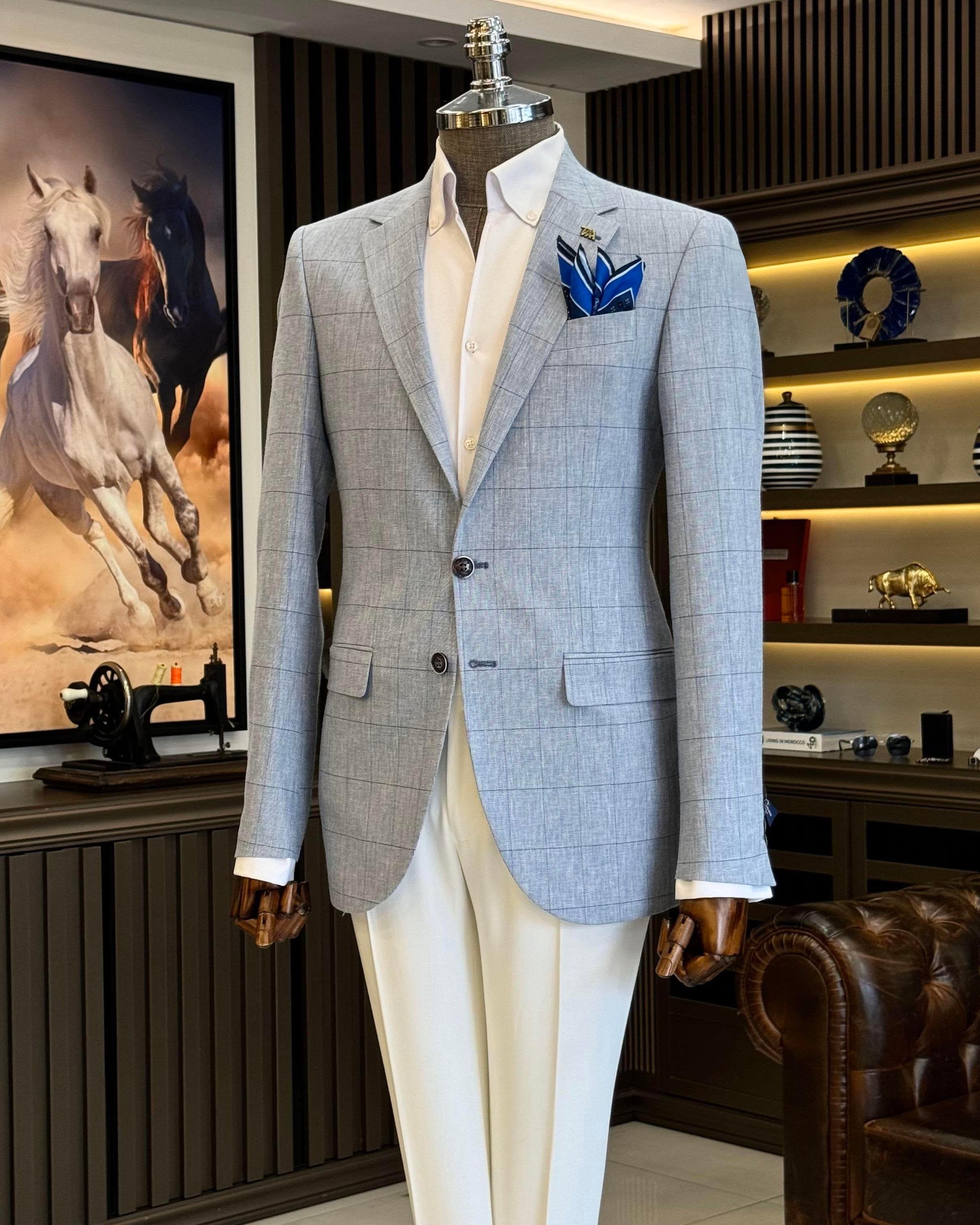 Sky-Blue Plaid Single Breasted Blazer