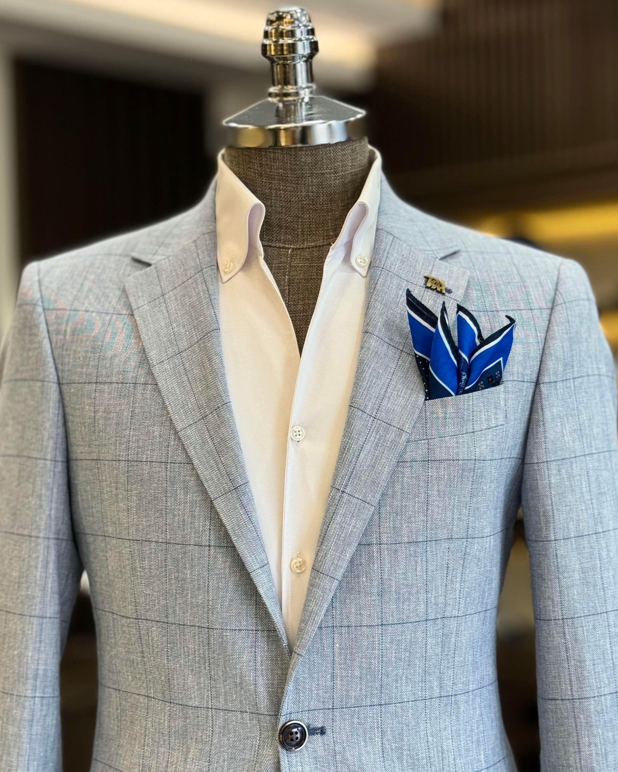 Sky-Blue Plaid Single Breasted Blazer