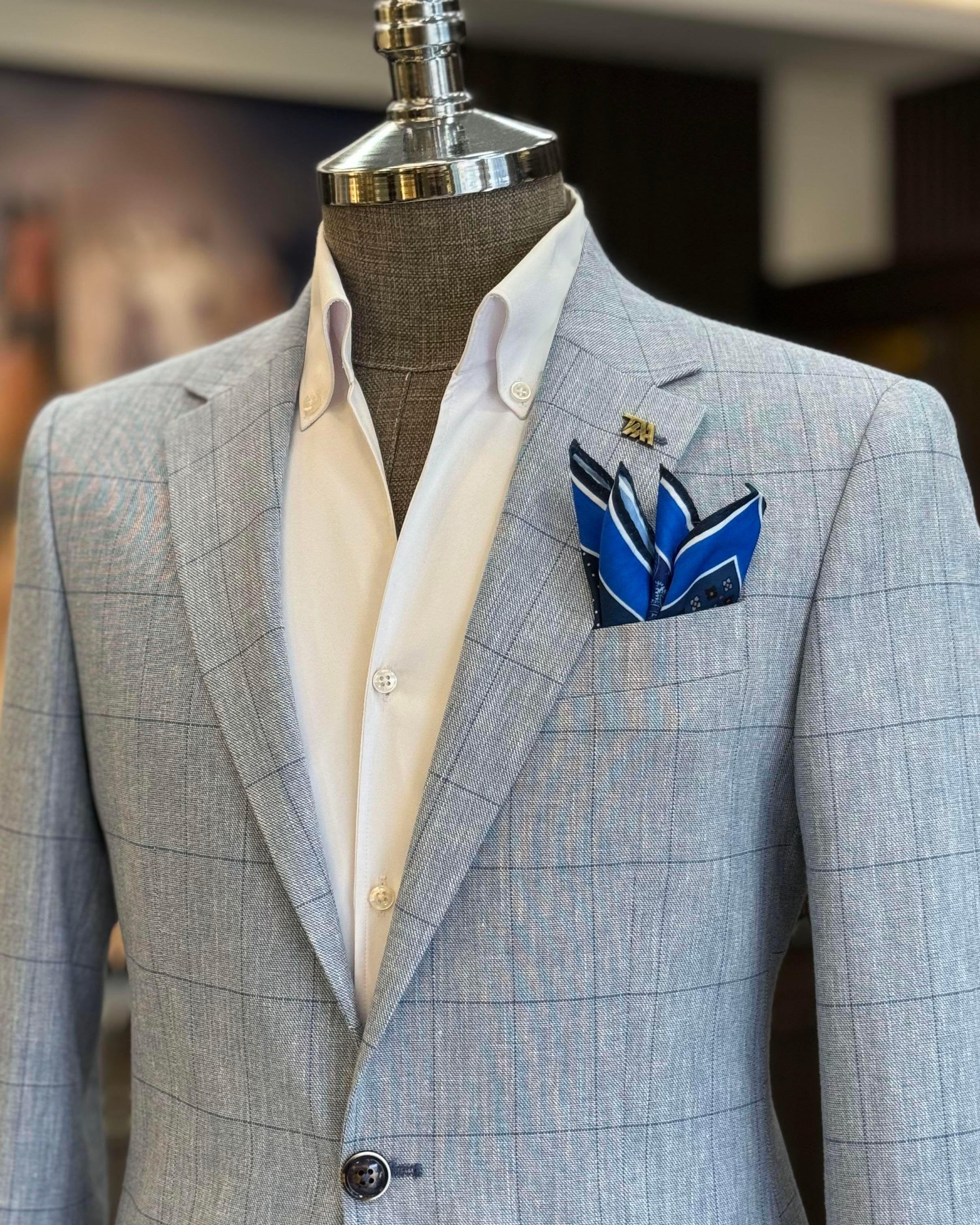 Sky-Blue Plaid Single Breasted Blazer