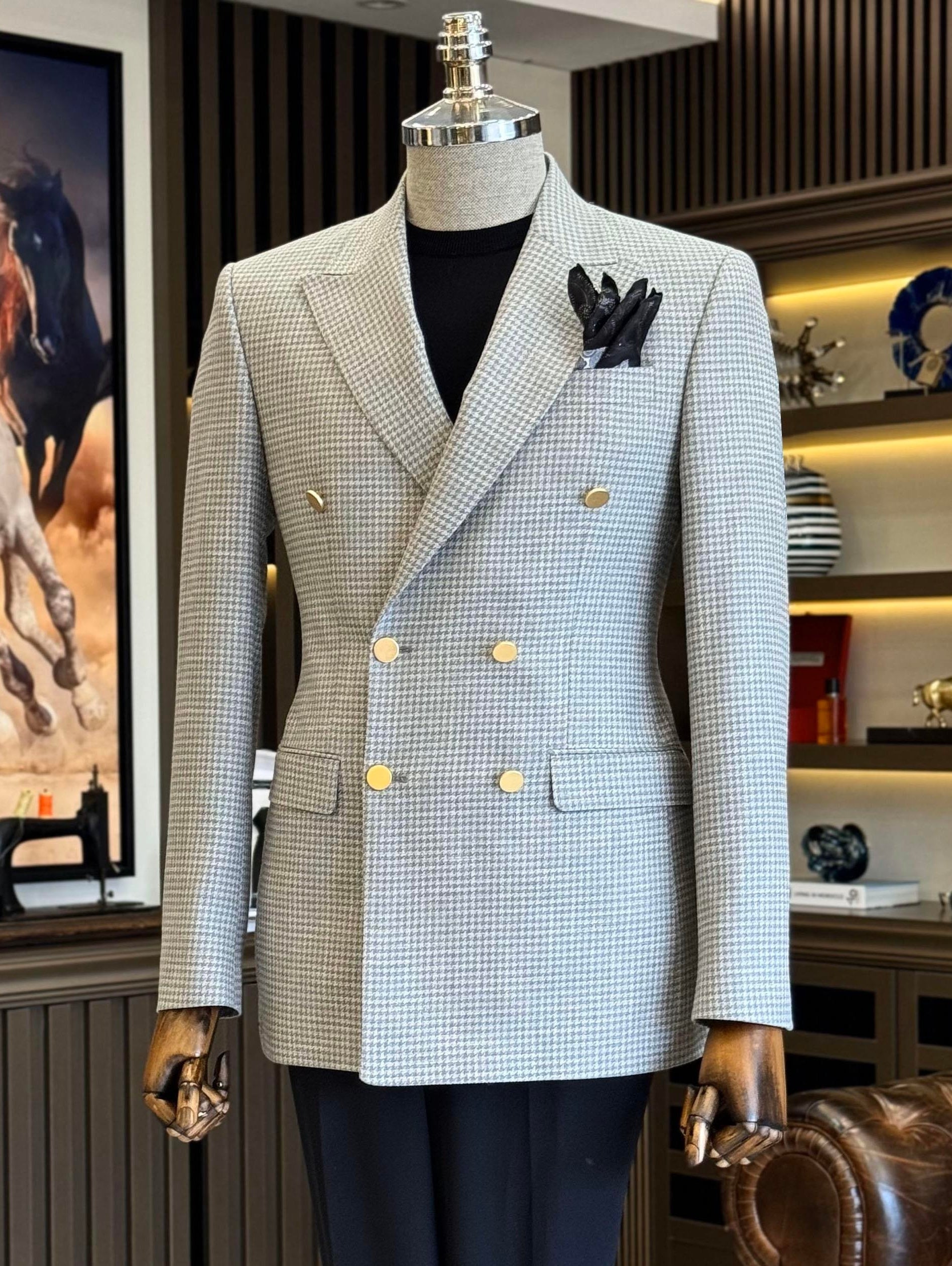 Double-Breasted Blazer with Floral Detail - Gray main image 1