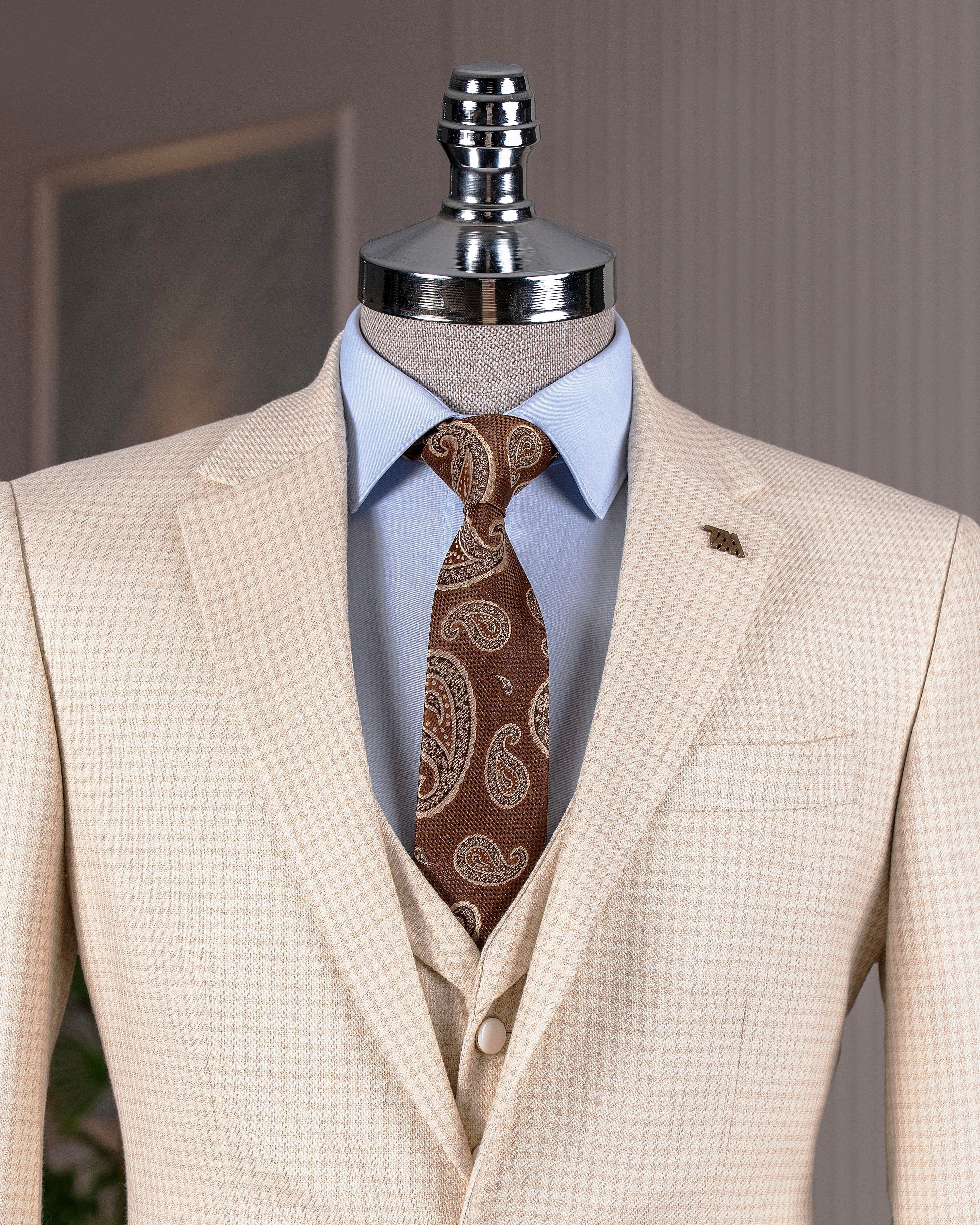 Beige Houndstooth Slim-Fit Suit 3-Piece