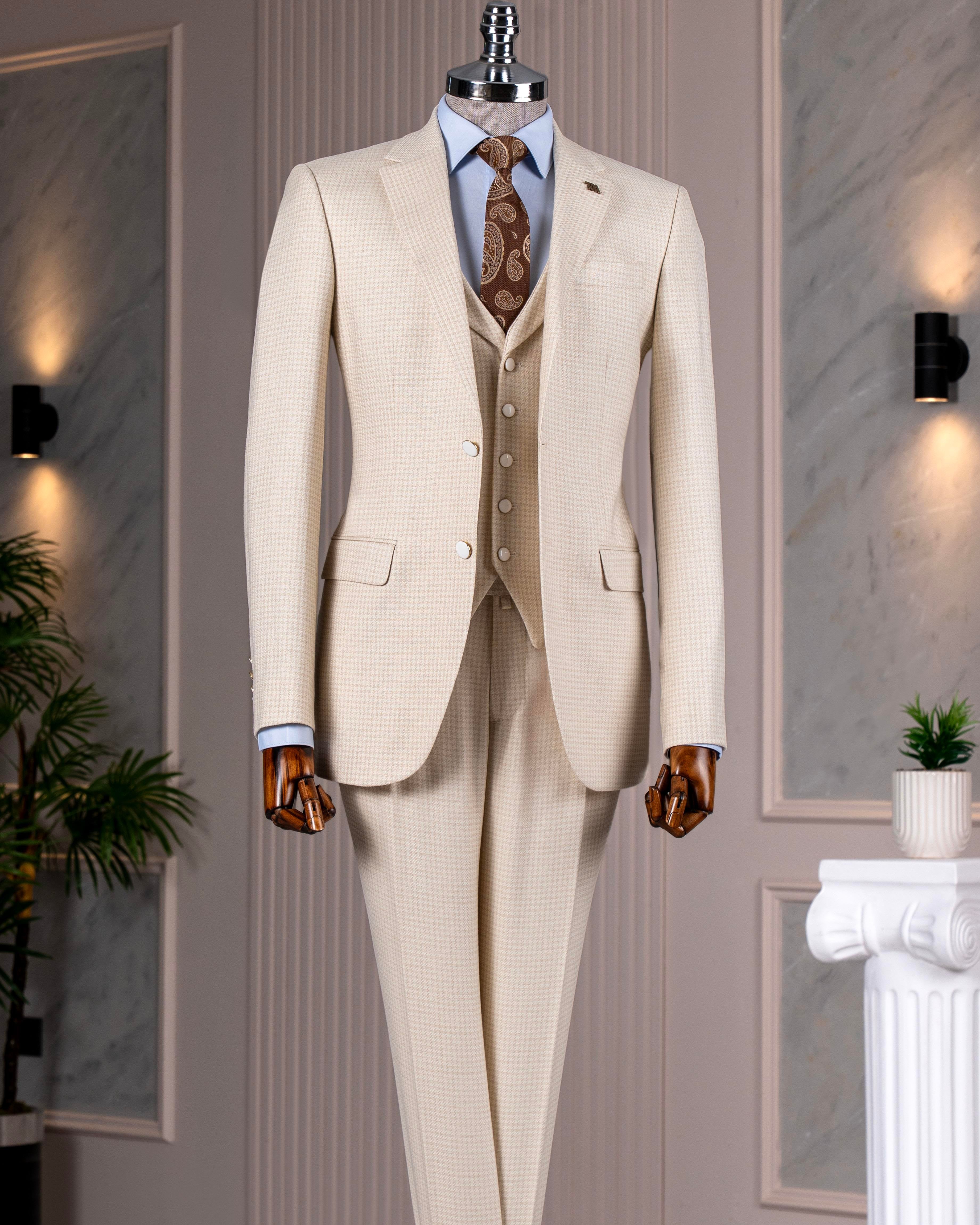 Beige Houndstooth Slim-Fit Suit 3-Piece