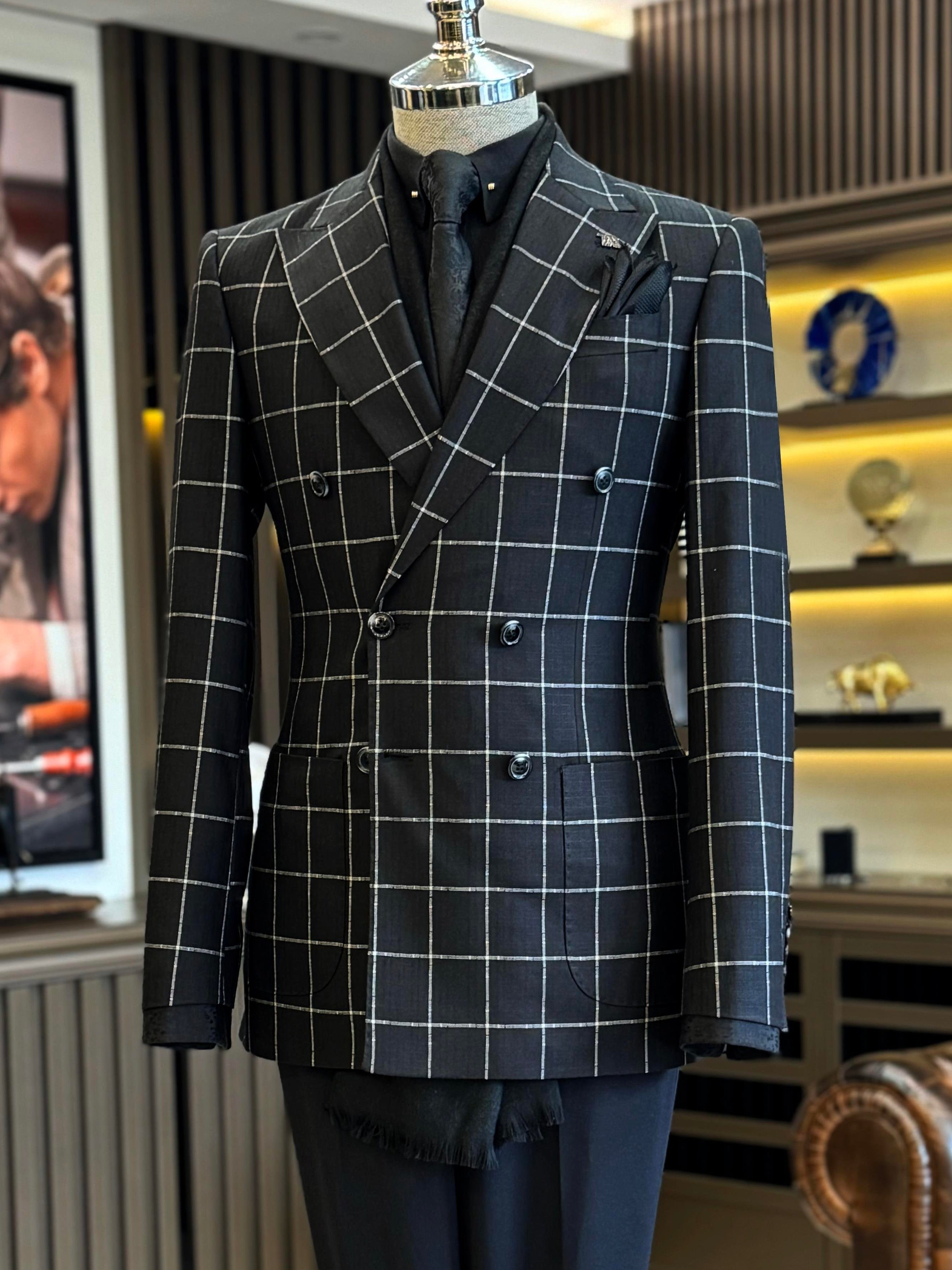 Black Plaid Double Breasted Blazer