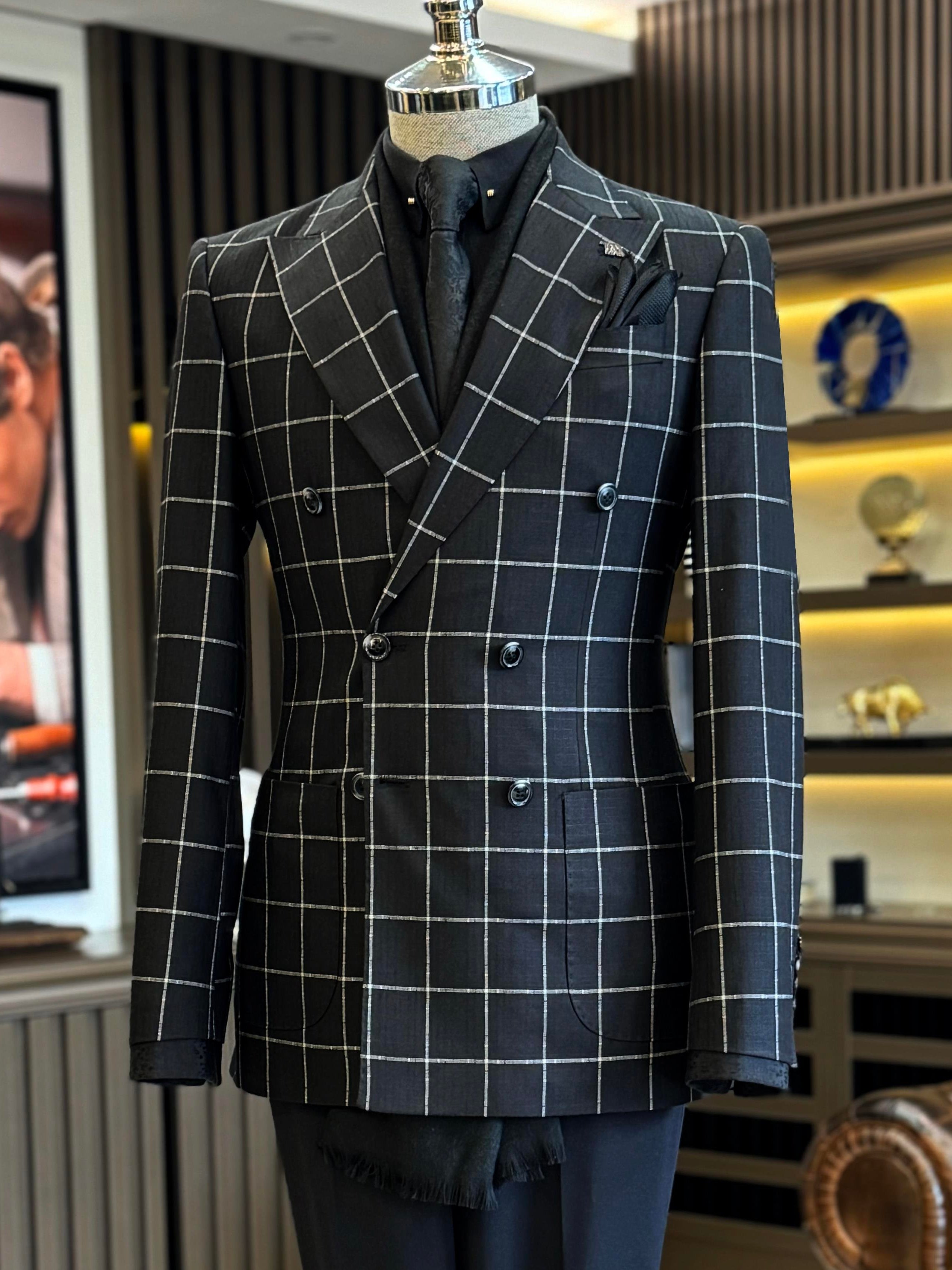 Black Plaid Double Breasted Blazer