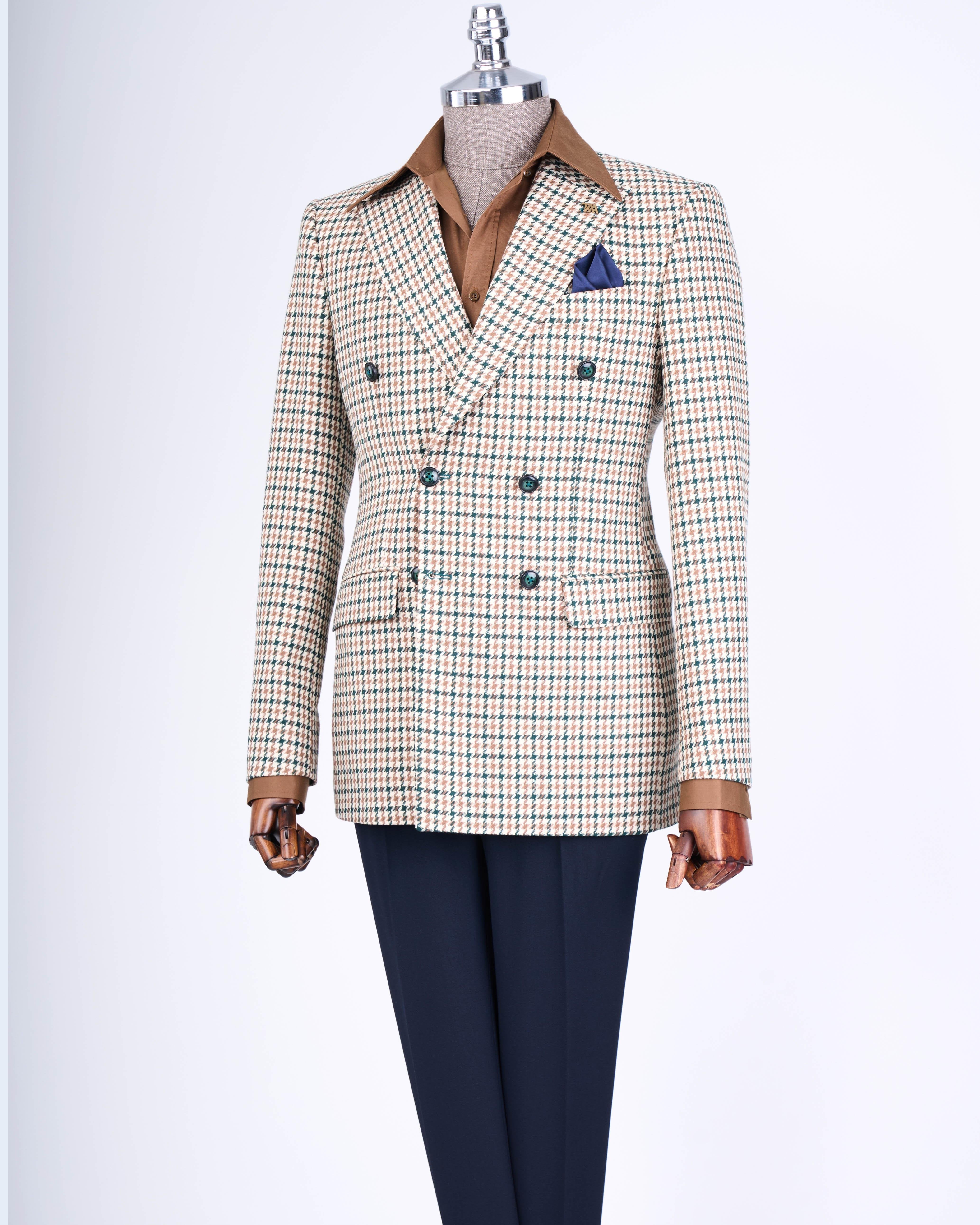Beige Plaid Double Breasted Blazer